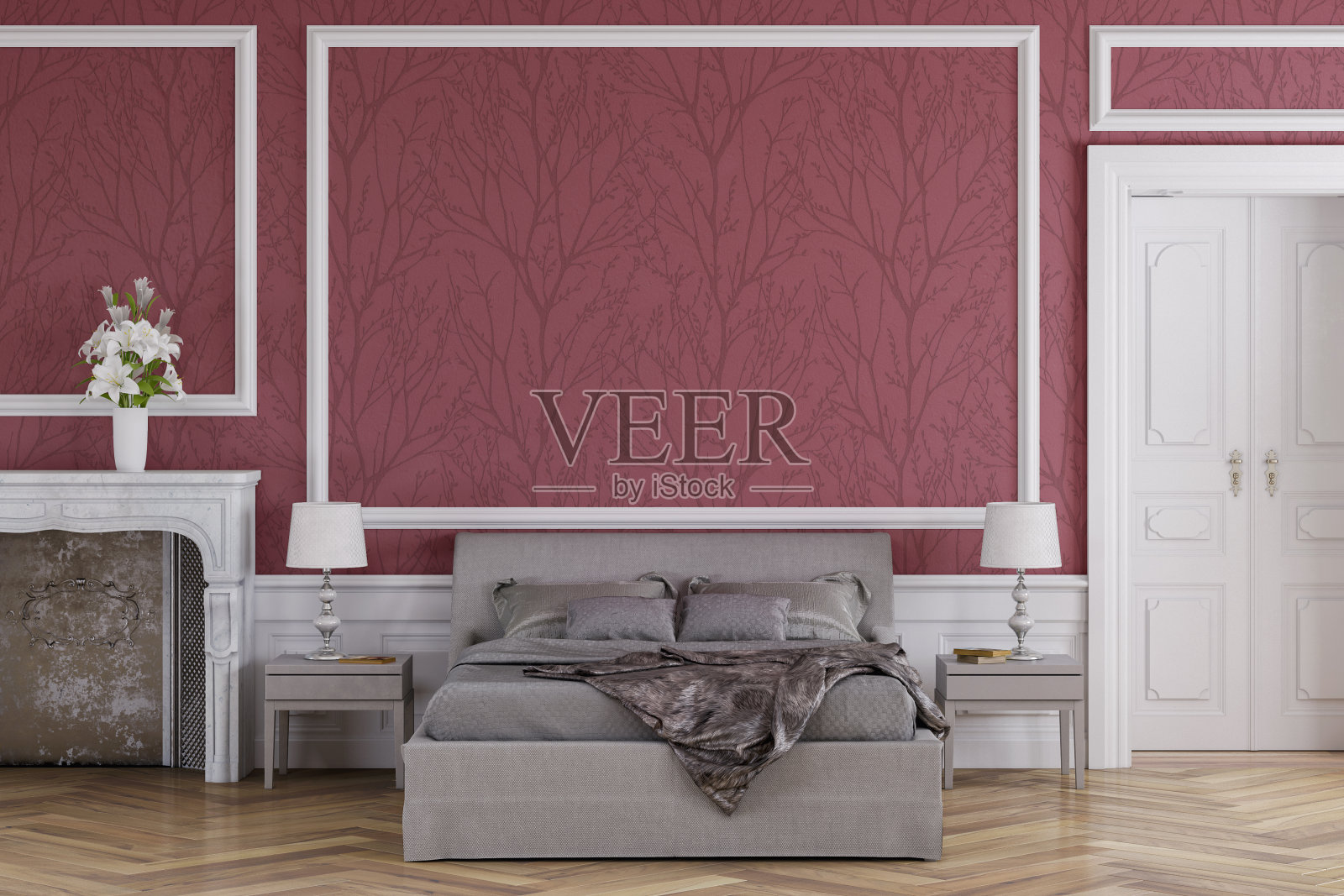 迷人的卧室，装饰和壁炉照片摄影图片