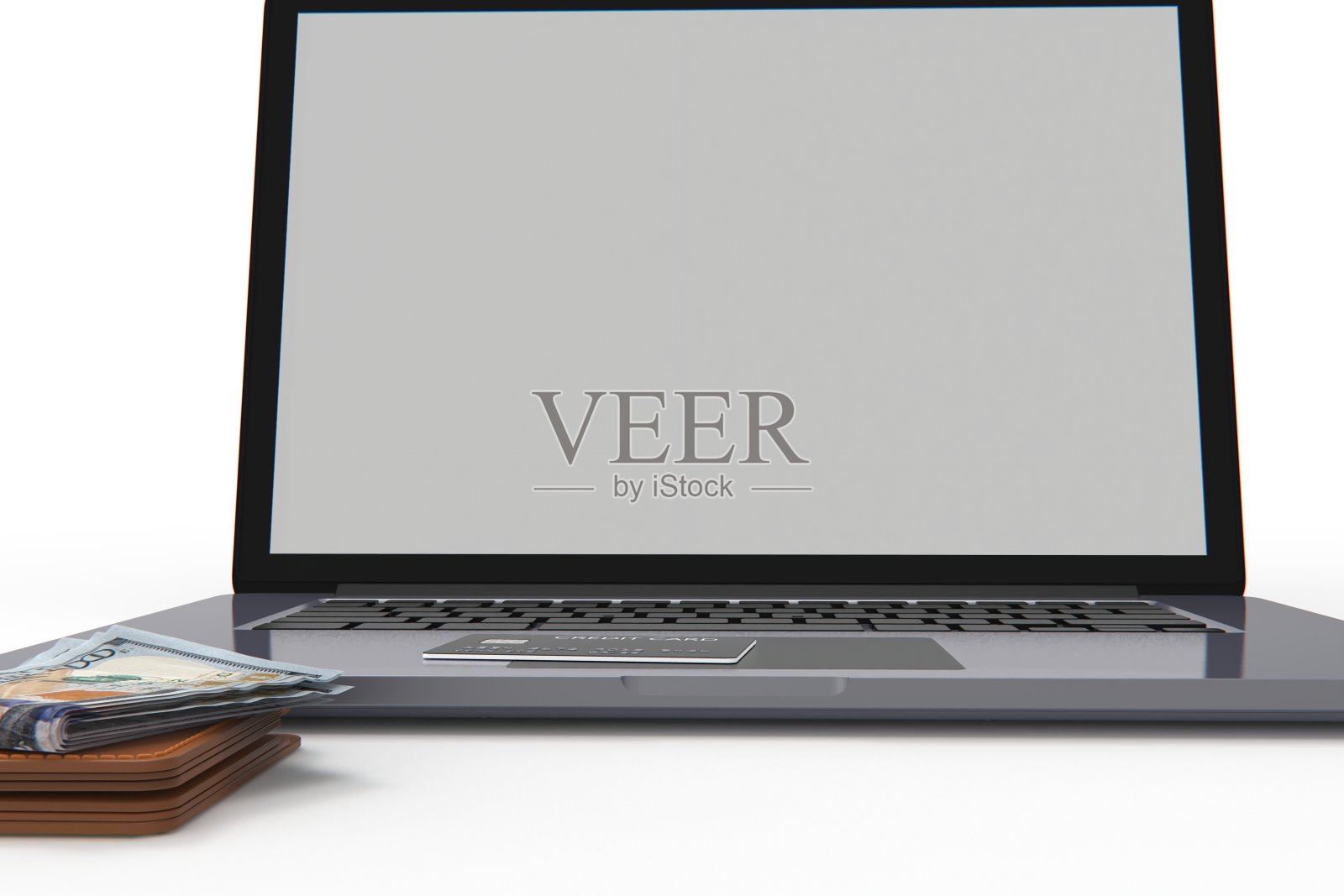 网上购物，用钱包里的信用卡付款。副本的空间。库存图片照片摄影图片