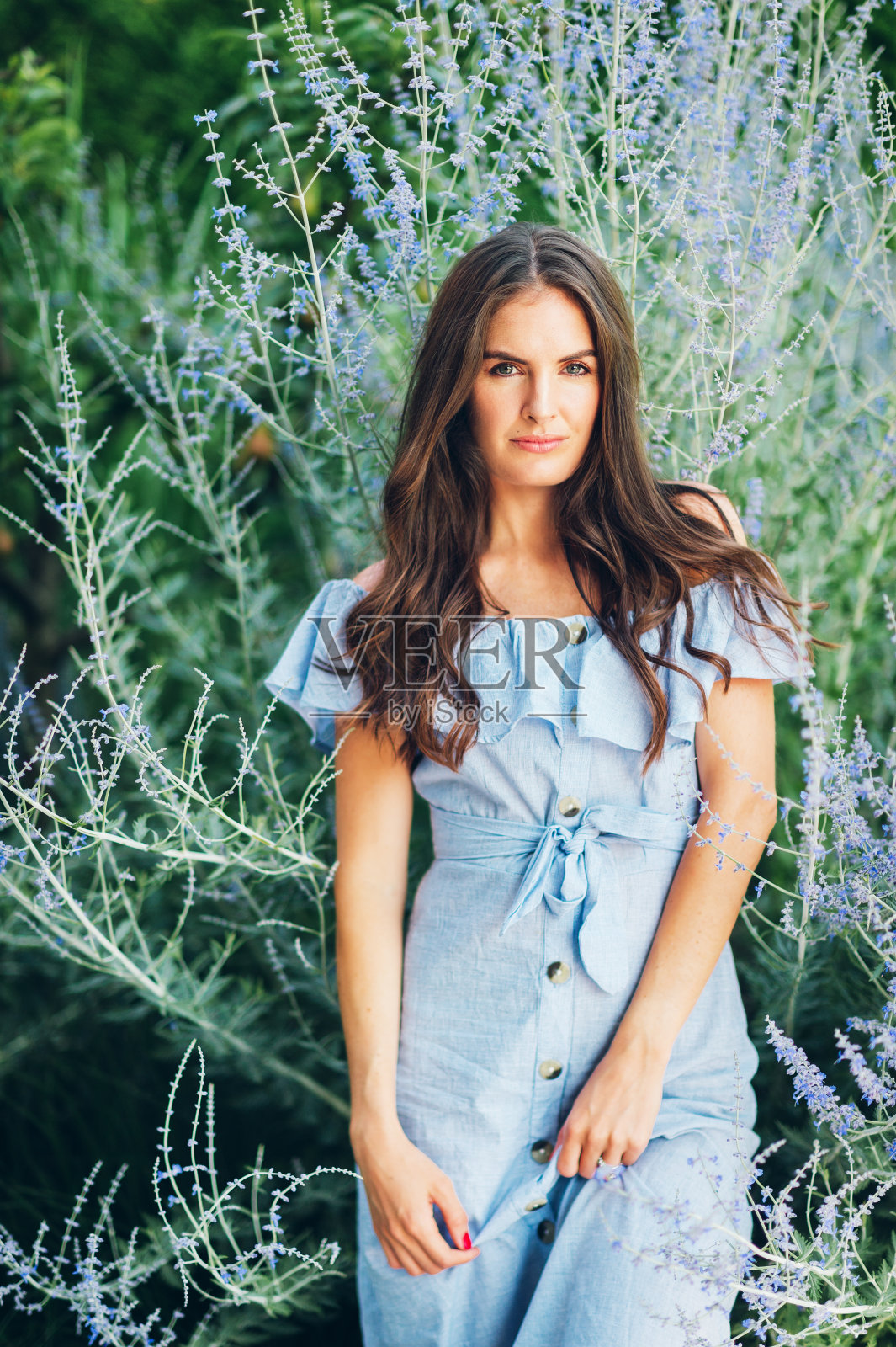 户外肖像：在夏日花园里，一头黑发的年轻女子身穿蓝色连衣裙，在紫色花丛中摆姿势照片摄影图片