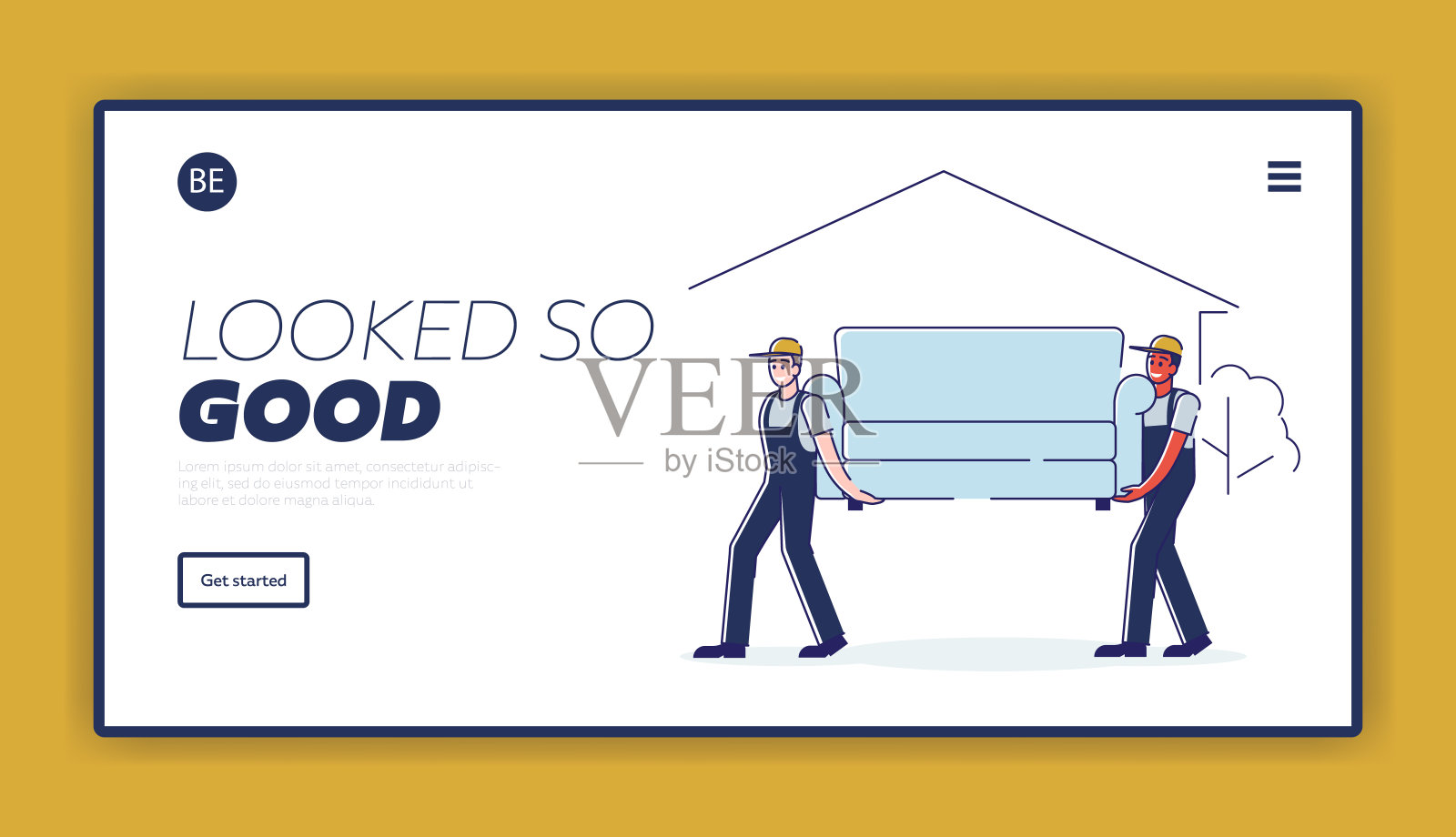 搬迁和搬进新居网站登陆页面。工人把沙发。专业家具配送公司装载机服务网页横幅。卡通平面矢量插图，线条艺术插画图片素材