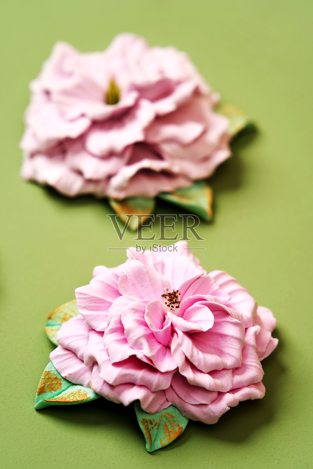 抽象的粉红色花在绿色的背景与复制空间，特写照片摄影图片