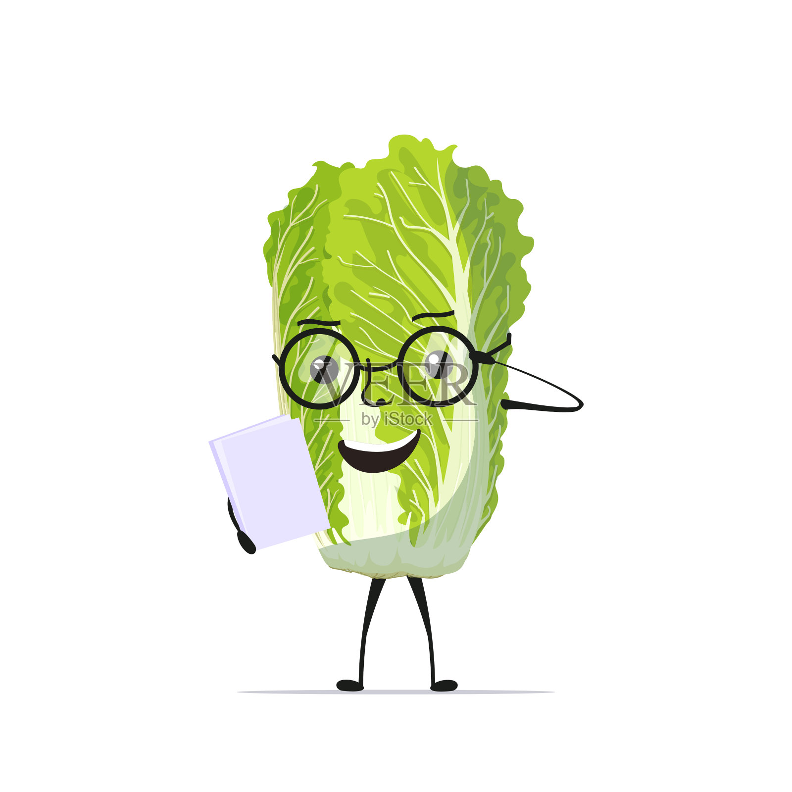 可爱新鲜的绿色白菜文字眼镜阅读书籍美味吉祥物蔬菜人士健康食品理念插画图片素材