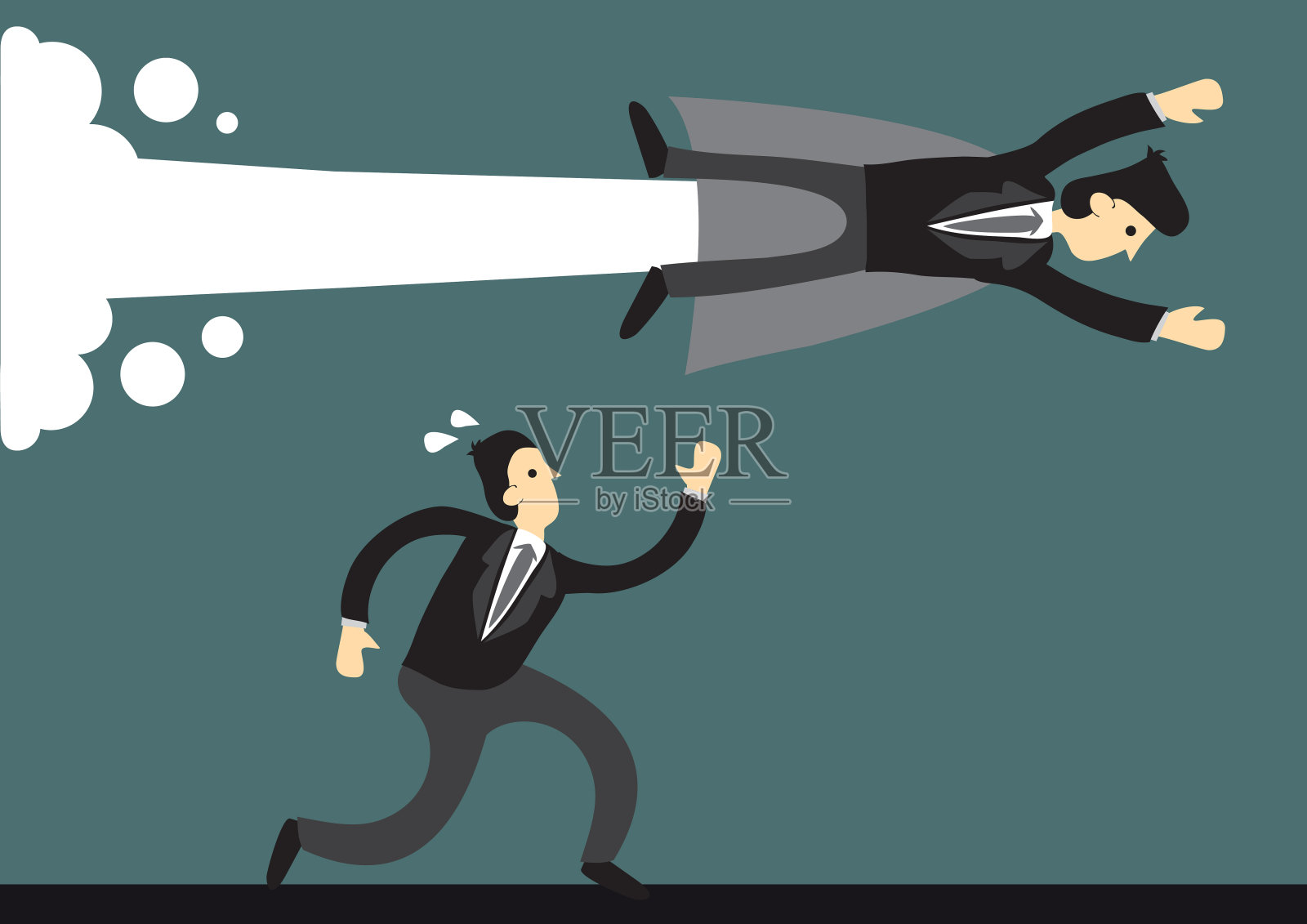 商业超人从跑步的商人身边飞过。超人商业领袖超越普通商人的速度和成就概念。插画图片素材