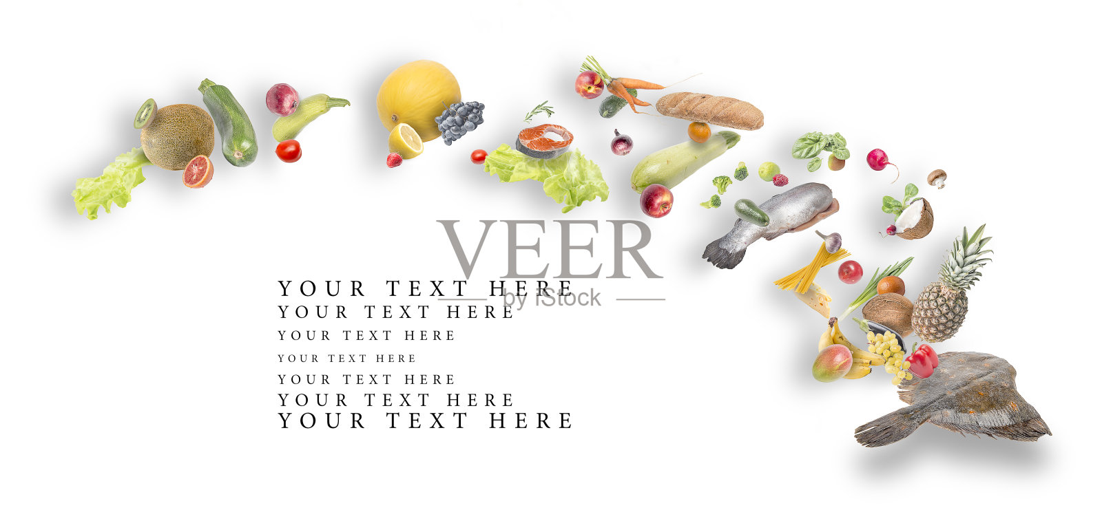 水果，蔬菜和鱼在白色的背景。照片摄影图片