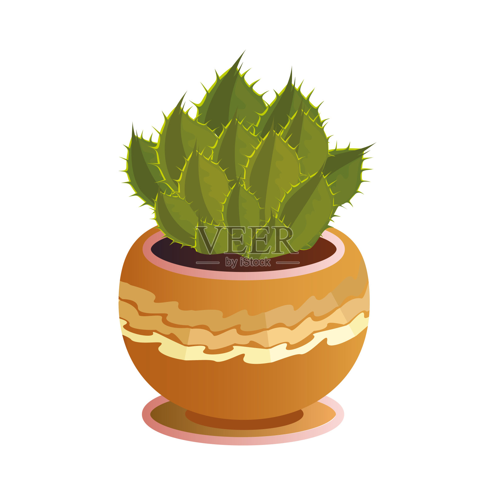 绿色的仙人掌与刺在装饰的橙色花盆。矢量插图在平面卡通风格。设计元素图片