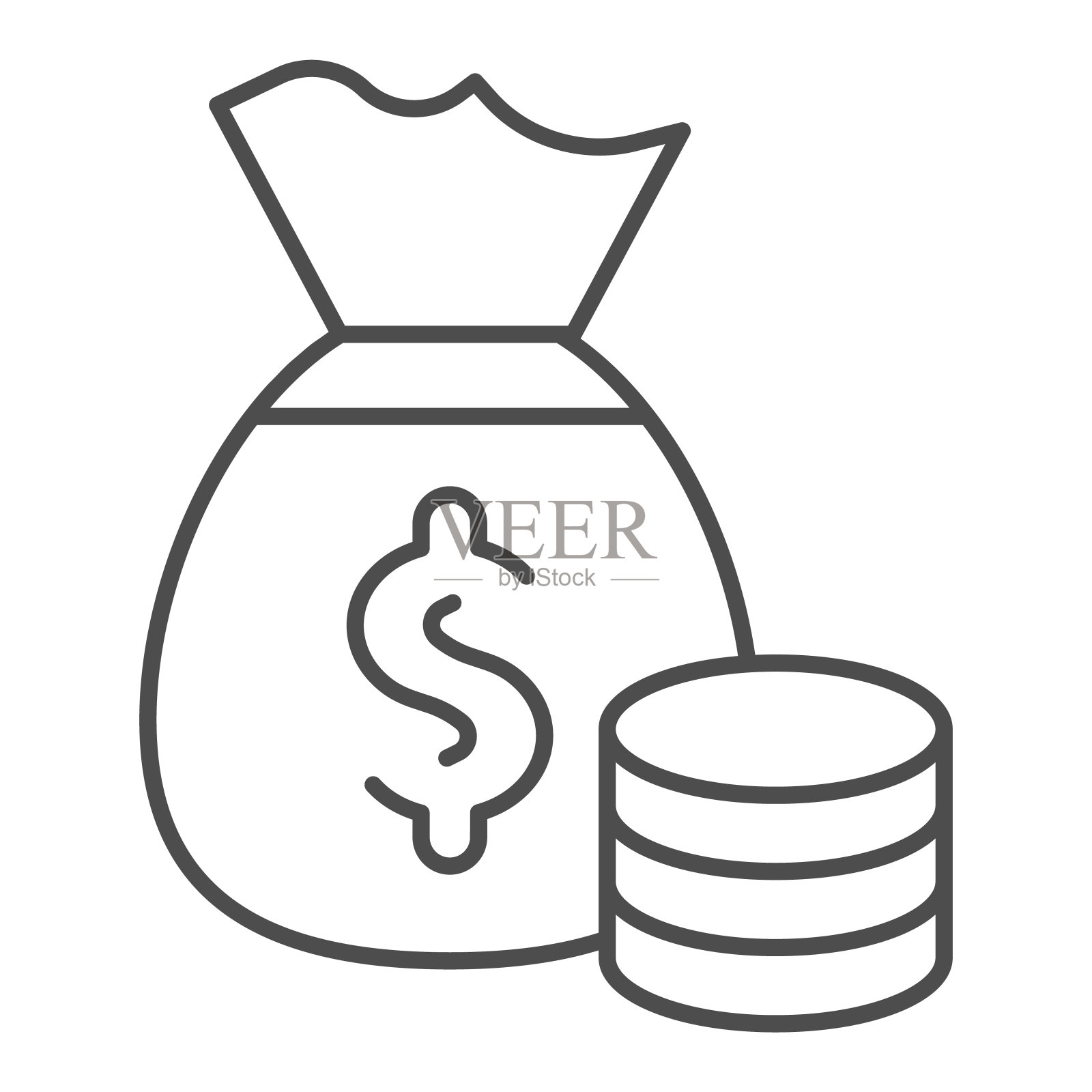 储蓄袋和硬币细线图标。包装用美元和硬币堆叠符号，轮廓风格的象形图上的白色背景。手机概念和网页设计的金钱标志。矢量图形。插画图片素材