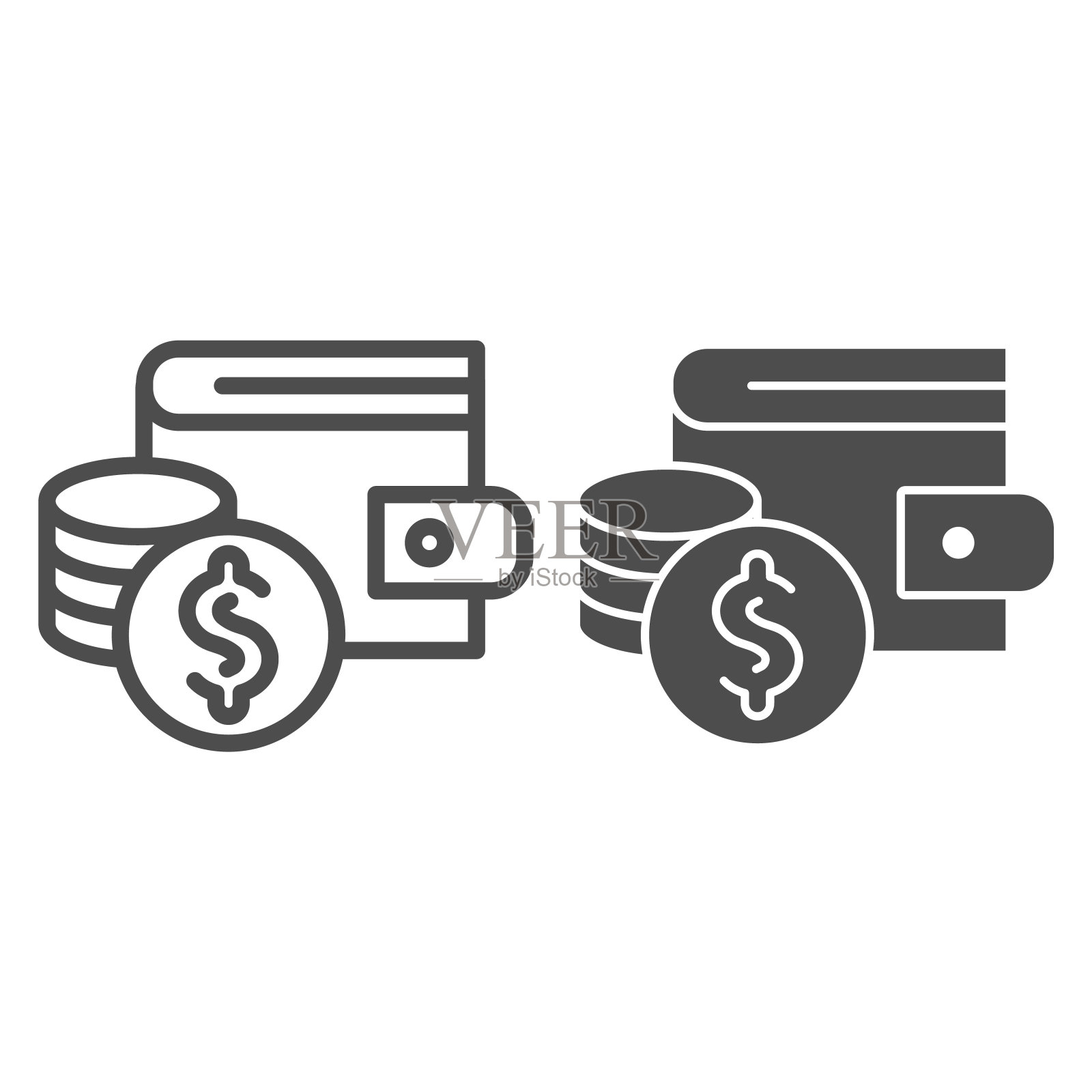 钱包与美元硬币堆叠线和固体图标。财富储蓄，钱包和现金符号，轮廓风格象形文字白色背景。手机概念和网页设计的金钱标志。矢量图形。图标素材