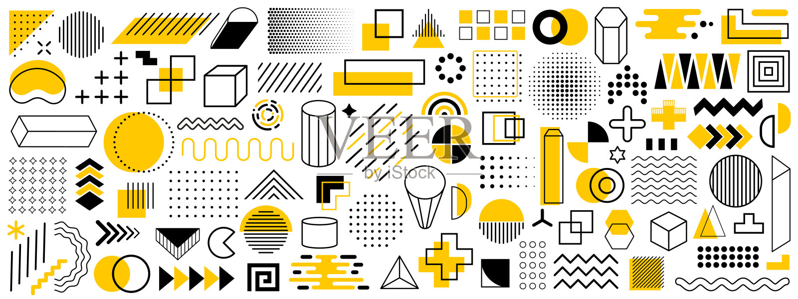 一组几何图形。设计的复古元素。收集流行的半色调几何形状。复古的funky图形，90年代的趋势设计和复古的印刷元素收集-股票向量插画图片素材