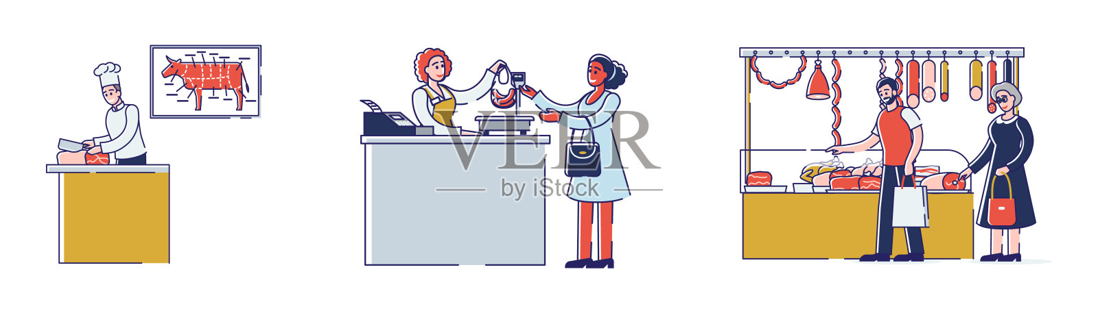 屠宰车间概念。人们选择和购买肉类和肉类制品。卖家提供新鲜的各种类型的产品。一套卡通线性轮廓平面矢量插图插画图片素材