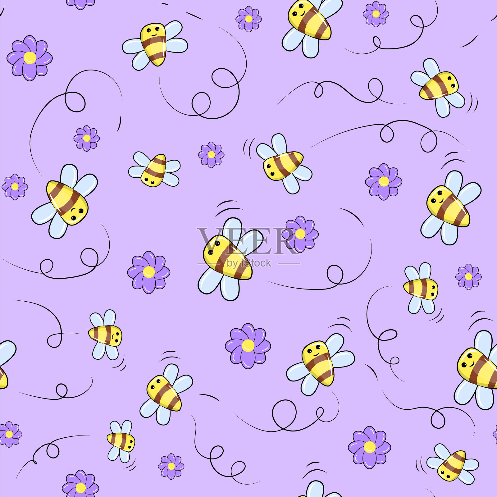 可爱的卡通蜜蜂和花朵无缝图案。插画图片素材