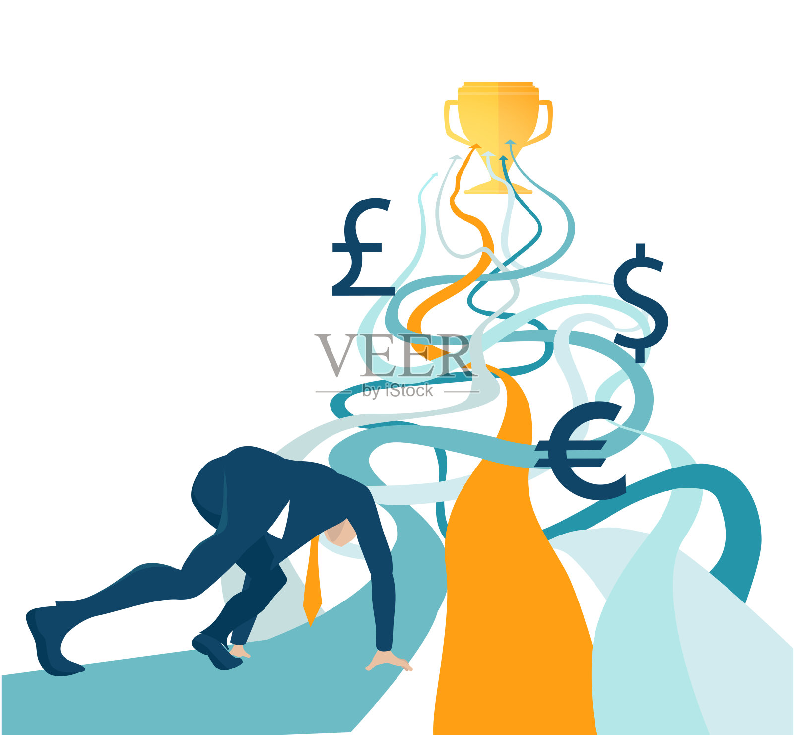 商人站在起跑线上，面对多重选择，决定走哪条路才能达到目标。插画图片素材