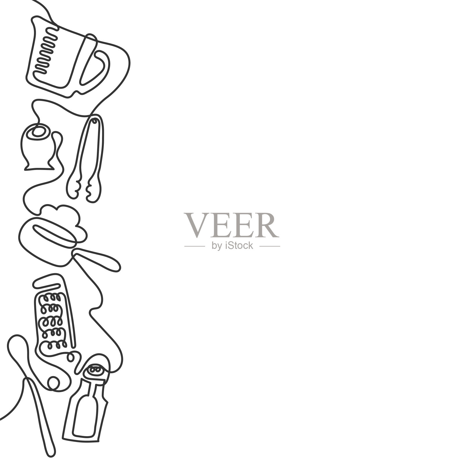 连续的一条线画不同的厨房用具。黑白餐具线条艺术背景。插画图片素材