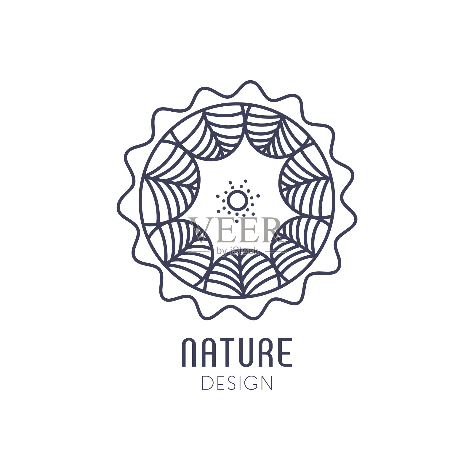 白色背景上的自然向量标志。有树和太阳的景观的线性圆形图标。商业会徽，徽章，旅游，农业和生态概念，健康和瑜伽中心。插画图片素材