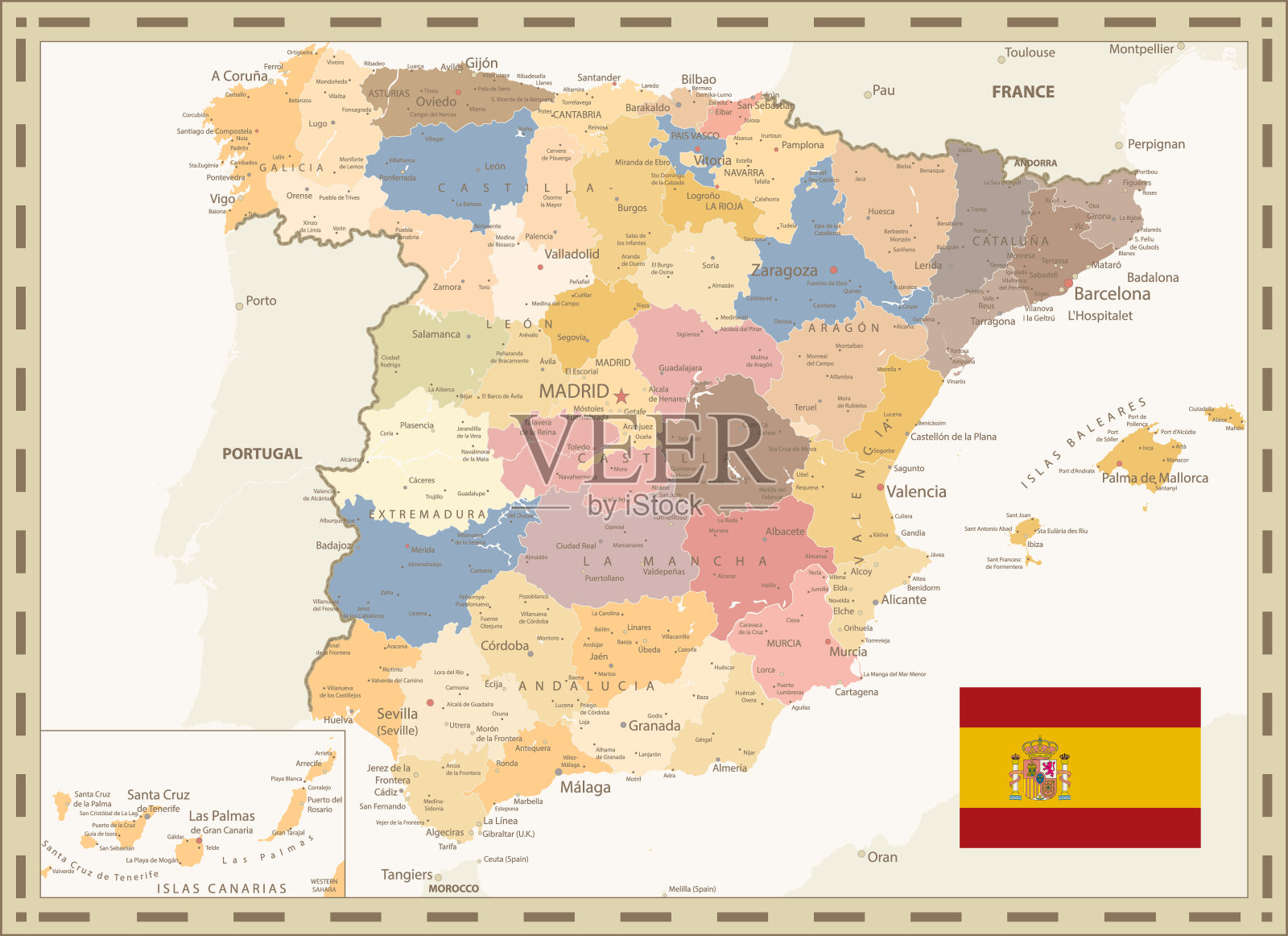 西班牙复古色彩的详细政治地图插画图片素材