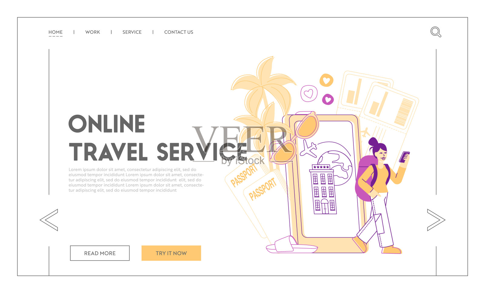 在线移动申请旅行者登陆页面模板。快乐女人背包客角色预订机票和酒店使用移动旅游应用程序服务，数字技术。线性向量插图插画图片素材