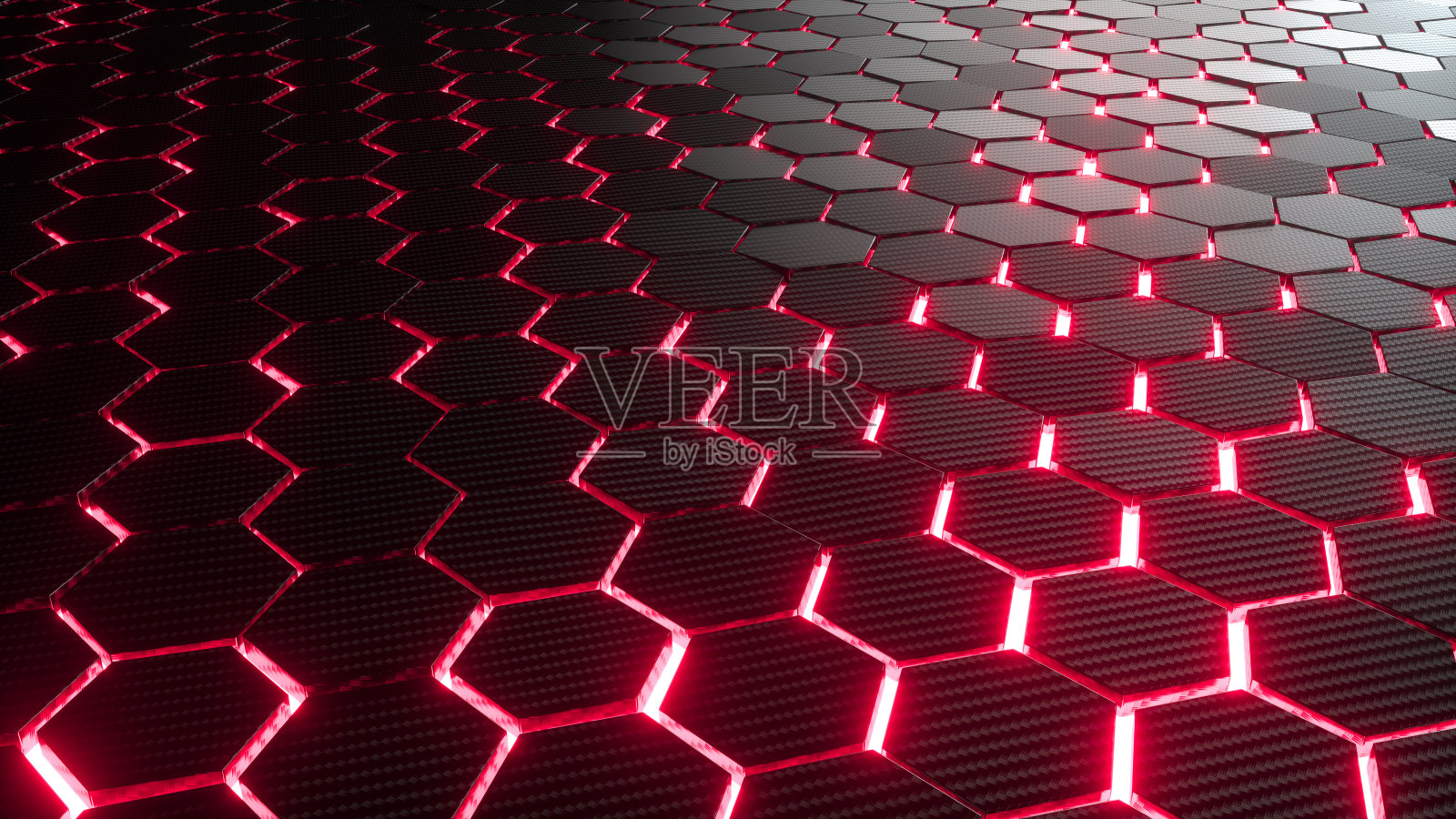 抽象六角形几何背景。碳纤维的六边形结构与明亮的能量光突破裂缝。三维渲染照片摄影图片
