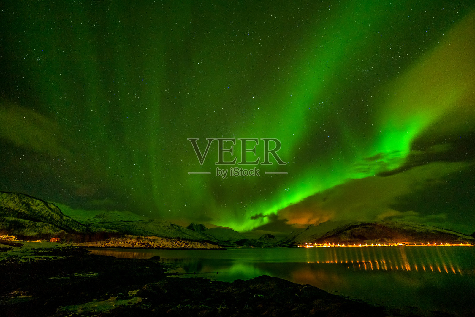一个美妙的夜晚，Kp 5北极光飞过群山，快门速度很长。照片摄影图片