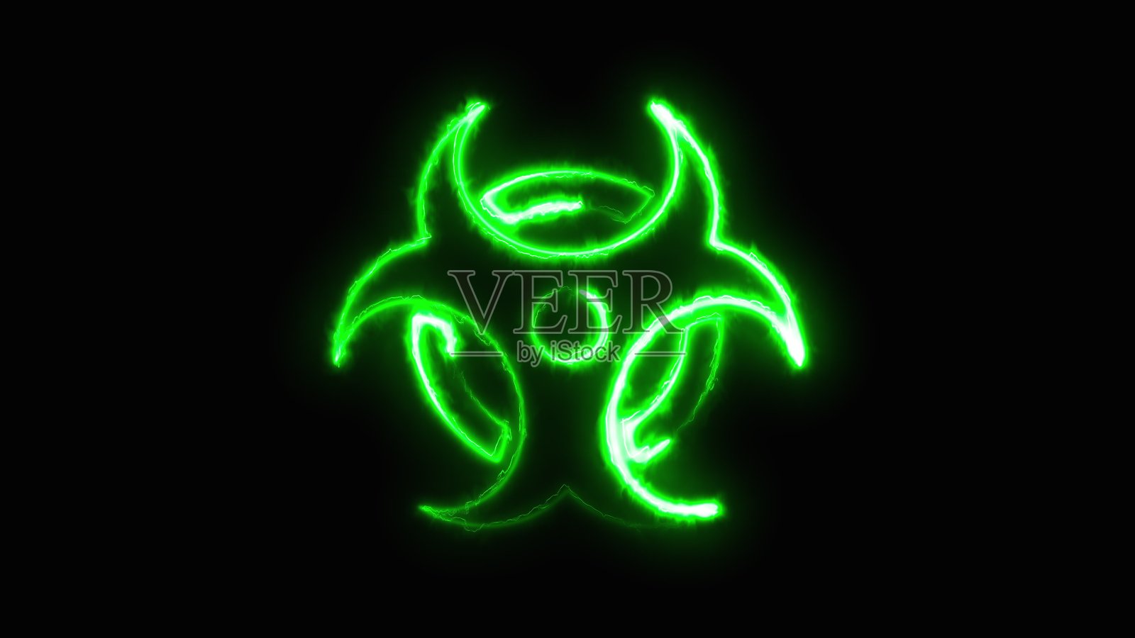 电子射线在黑色背景上画出放射性标志，由计算机生成。三维渲染警告标志照片摄影图片