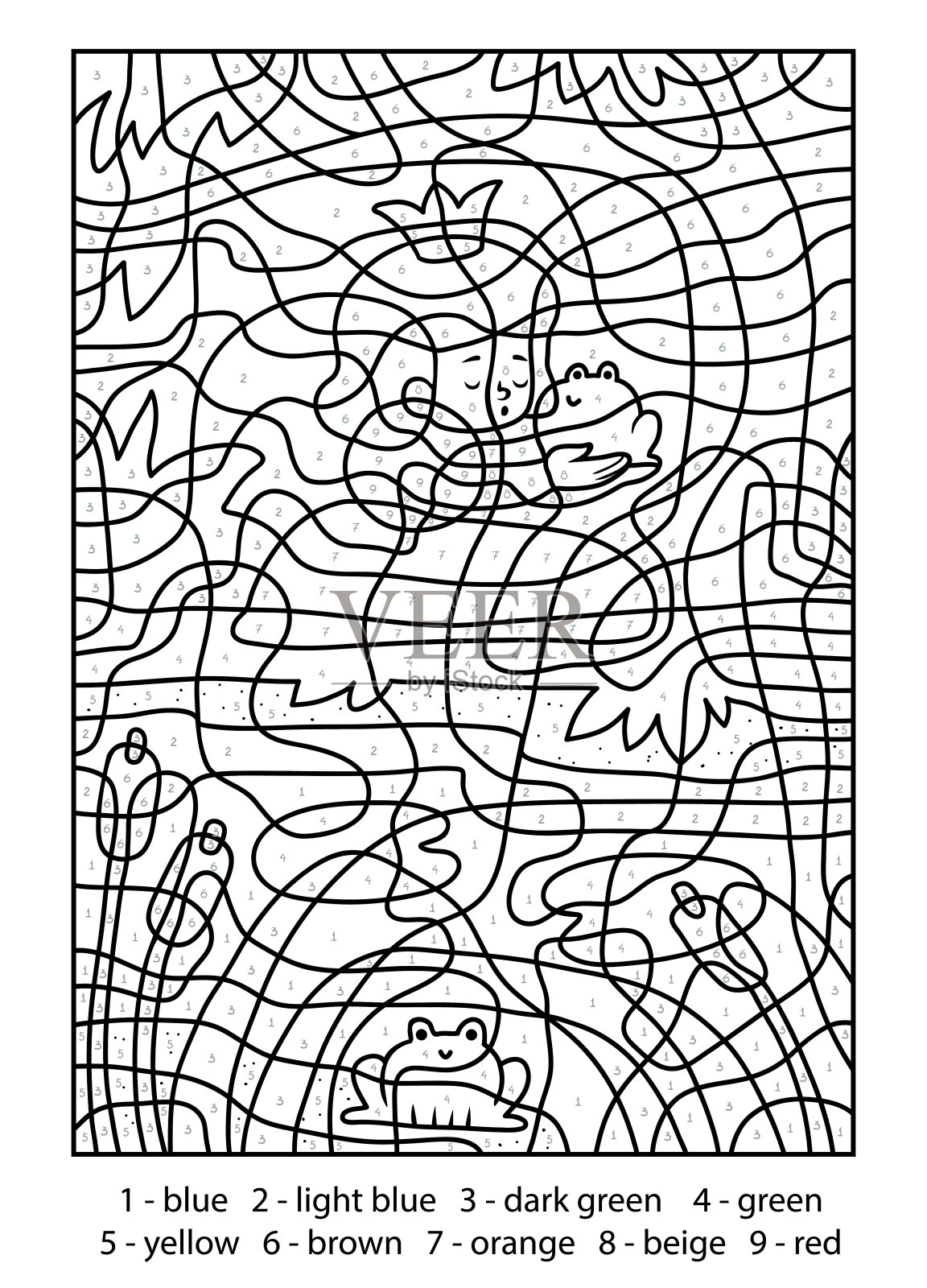 颜色按数字，教育游戏。童话故事。青蛙王子和公主插画图片素材