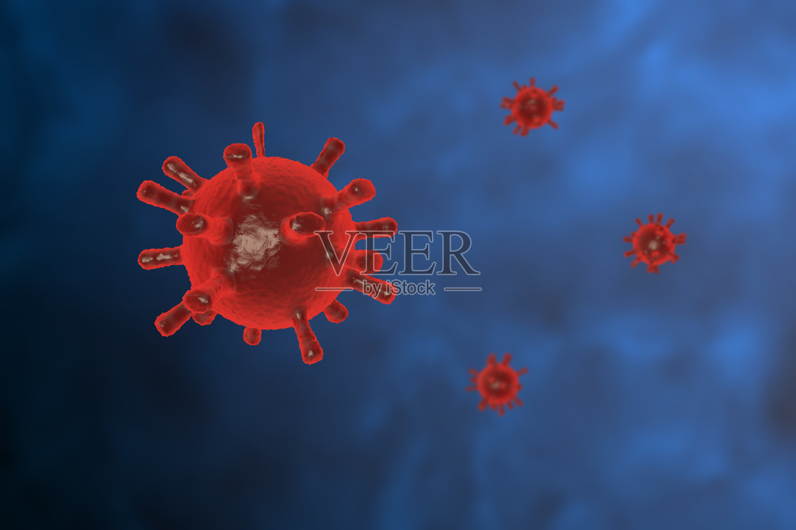 蓝色背景下红色病毒的3D渲染图- Covid-19冠状病毒概念照片摄影图片