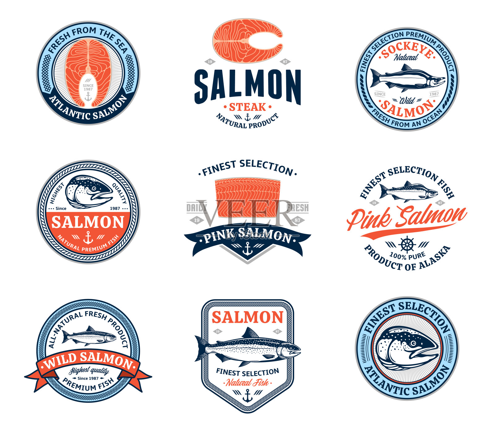 矢量鲑鱼和设计元素插画图片素材