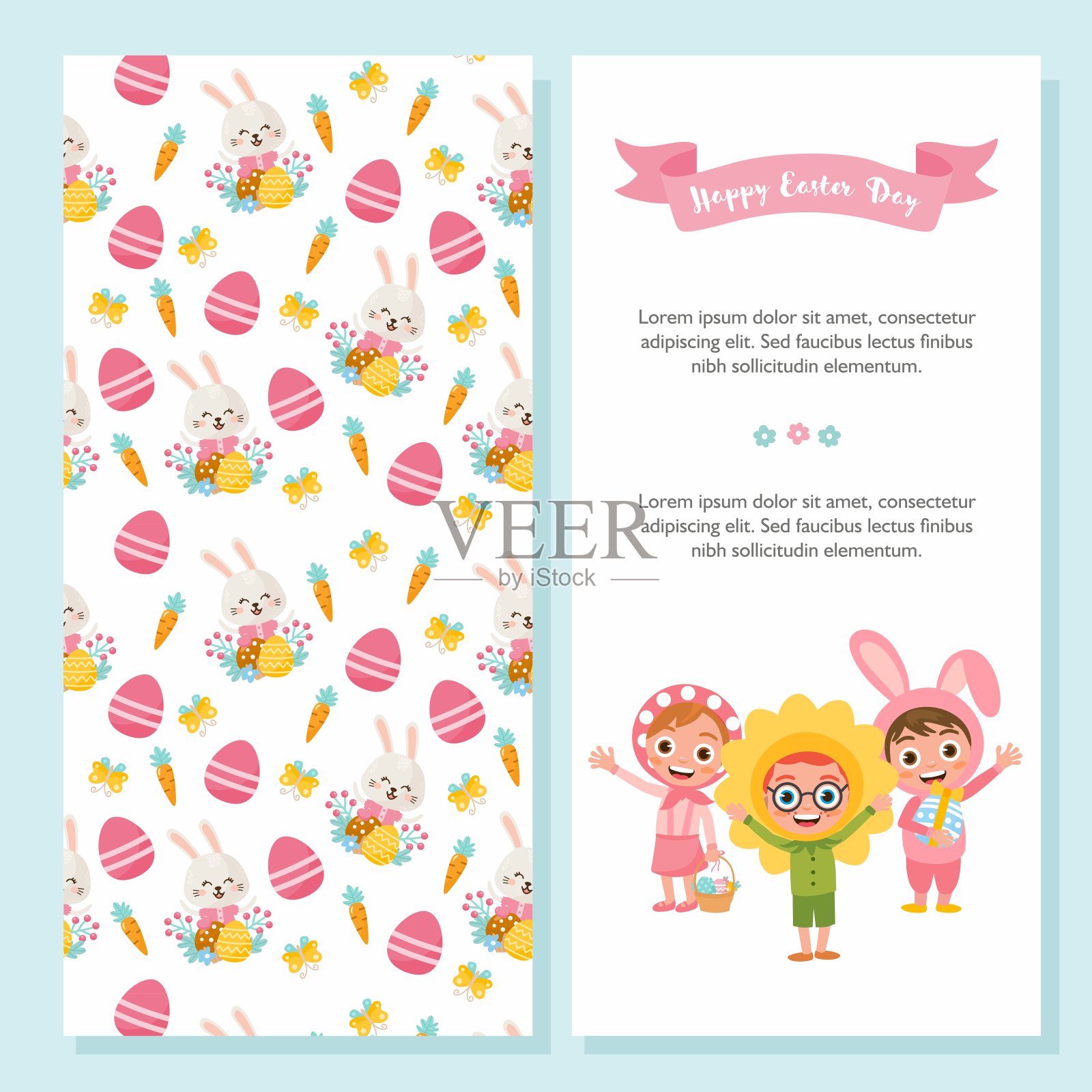 复活节快乐贺卡套装。可爱的孩子在复活节服装的插图。女孩和男孩的角色。可爱的小兔子，快乐的花朵。复活节插图。索取明信片或请柬。插画图片素材