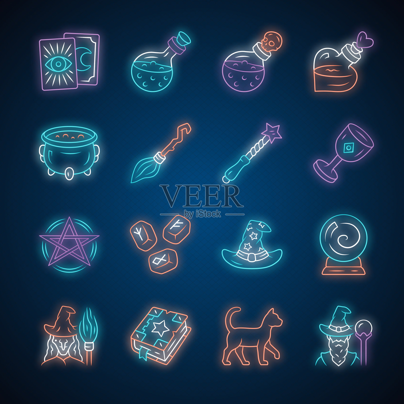 魔术霓虹灯图标集。巫术，万圣节的巫术物品。神秘，吉普赛仪式工具。算命,占卜。迷信和预测。发光的迹象。向量孤立的插图插画图片素材