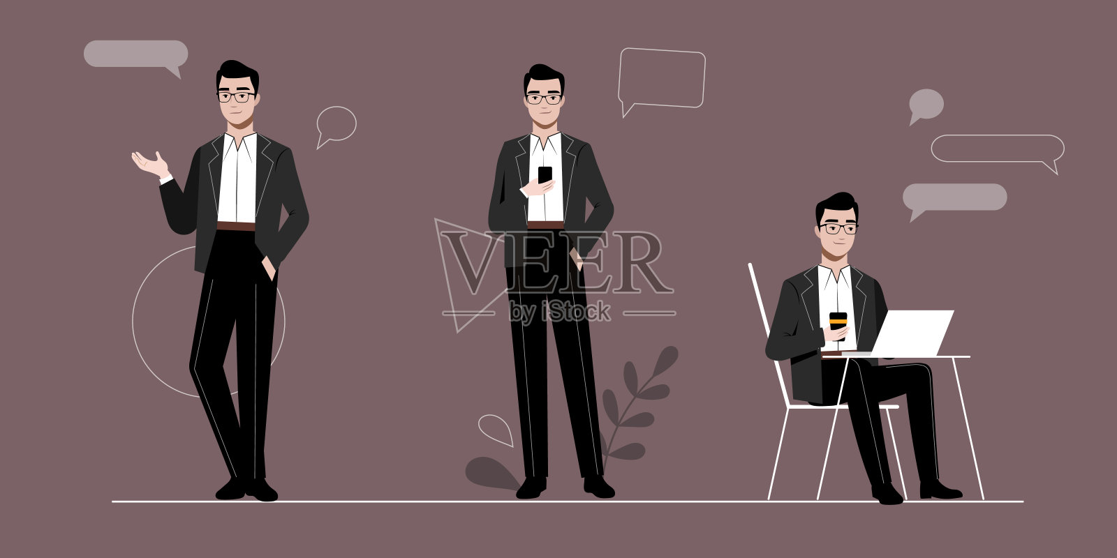 商人与自我雇佣的概念。在抽象信息图背景下不同姿态和情境下的自信年轻商人。一套卡通线性轮廓平面矢量插图插画图片素材