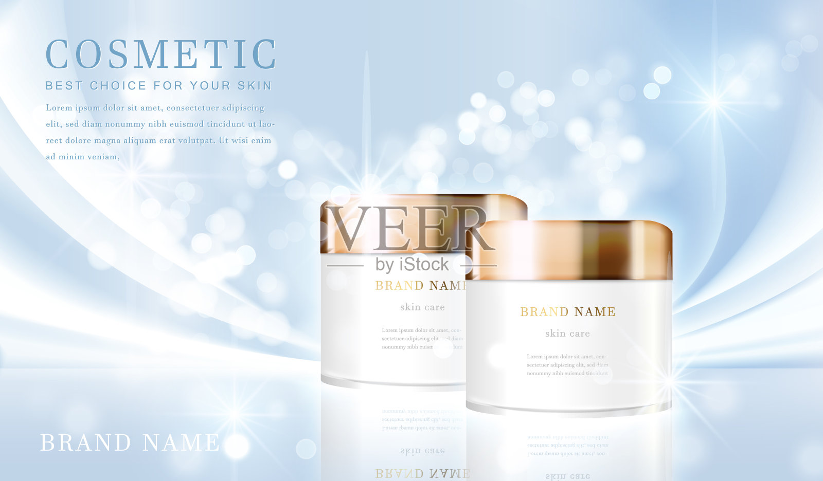 3D优雅的化妆品瓶容器与闪亮的淡蓝色闪烁的背景横幅模板。设计模板素材