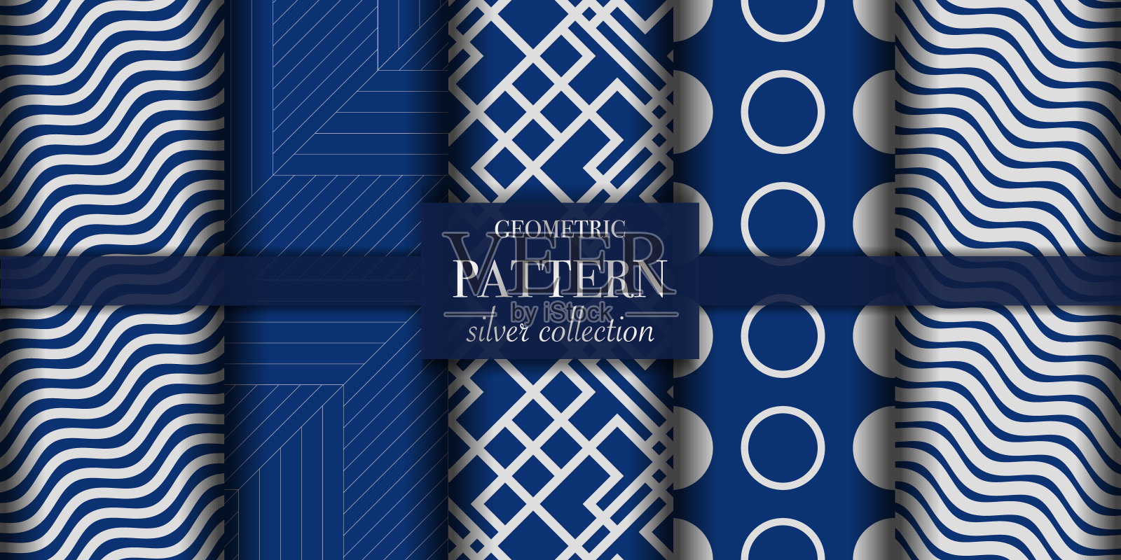 5套深蓝色和银色的豪华几何图案背景。抽象线，点复古风格矢量插图墙纸，传单，封面，设计模板。简约装饰,背景。插画图片素材