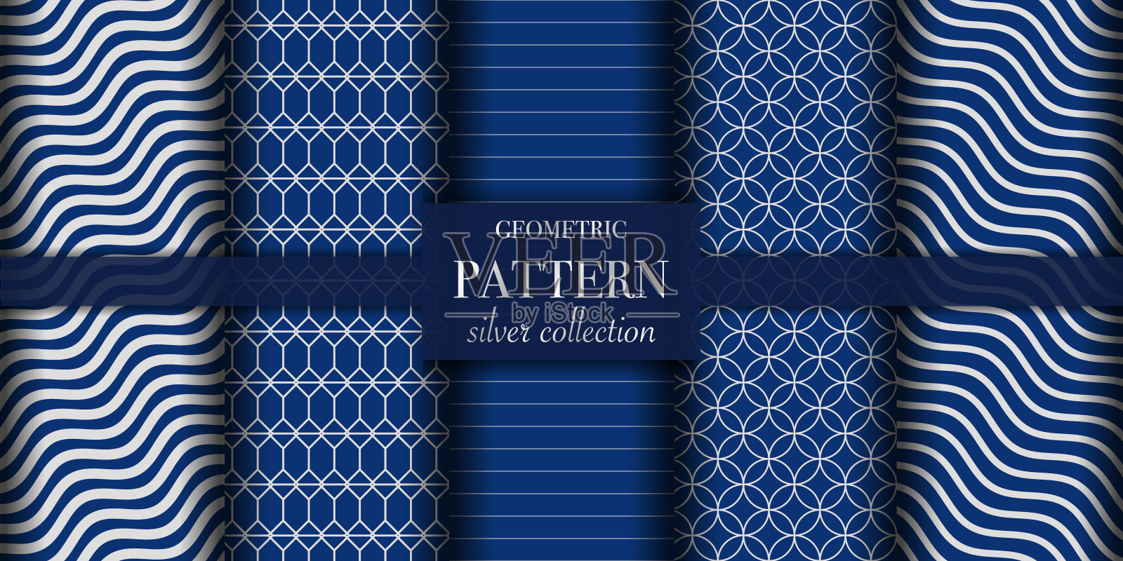 5套深蓝色和银色的豪华几何图案背景。抽象线，点复古风格矢量插图墙纸，传单，封面，设计模板。简约装饰,背景。插画图片素材