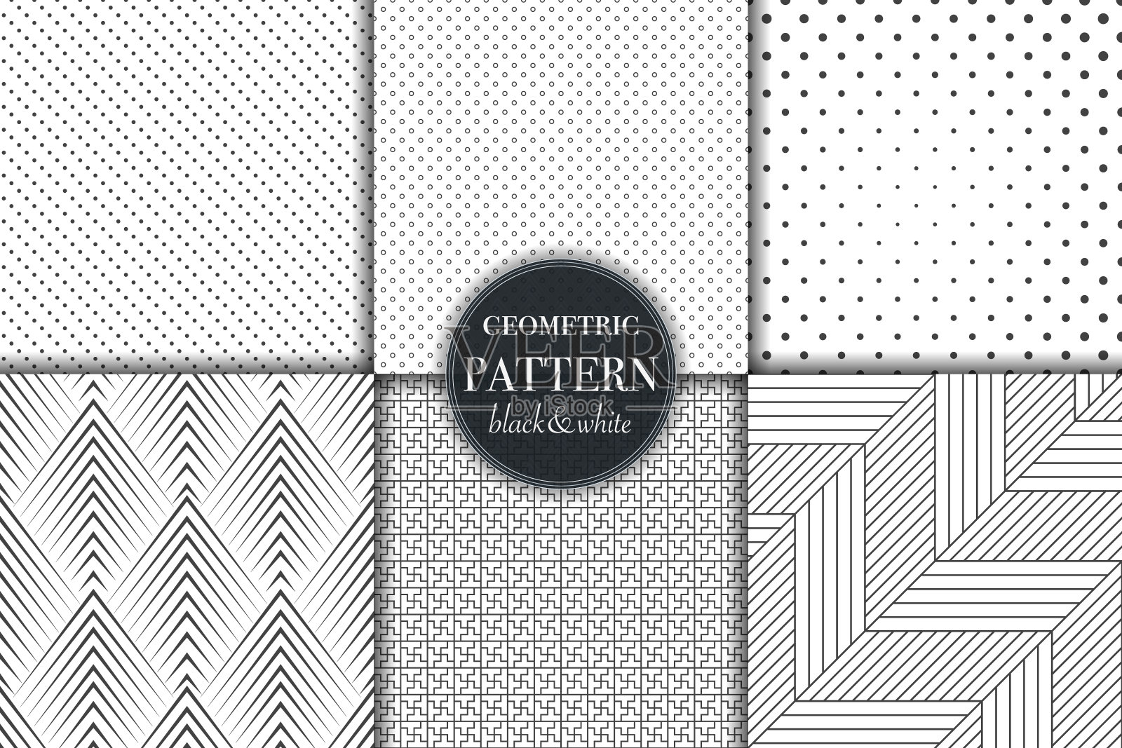 集6黑白灰度几何图案背景。抽象线，点时尚复古风格矢量插图壁纸，传单，封面，横幅，设计模板极简装饰，背景织物打印纹理插画图片素材