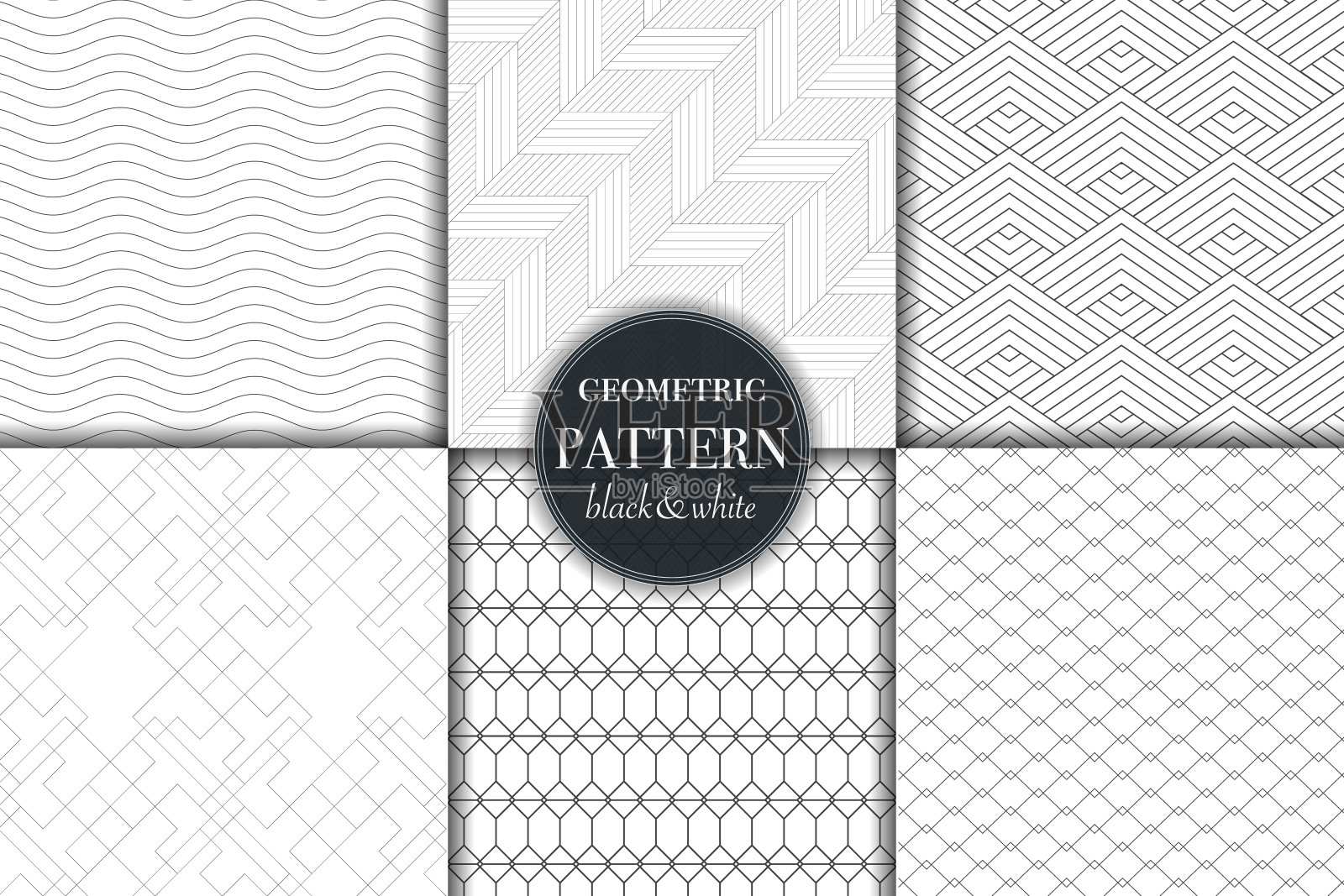 集6黑白灰度几何图案背景。抽象线，点时尚复古风格矢量插图壁纸，传单，封面，横幅，设计模板极简装饰，背景织物打印纹理插画图片素材