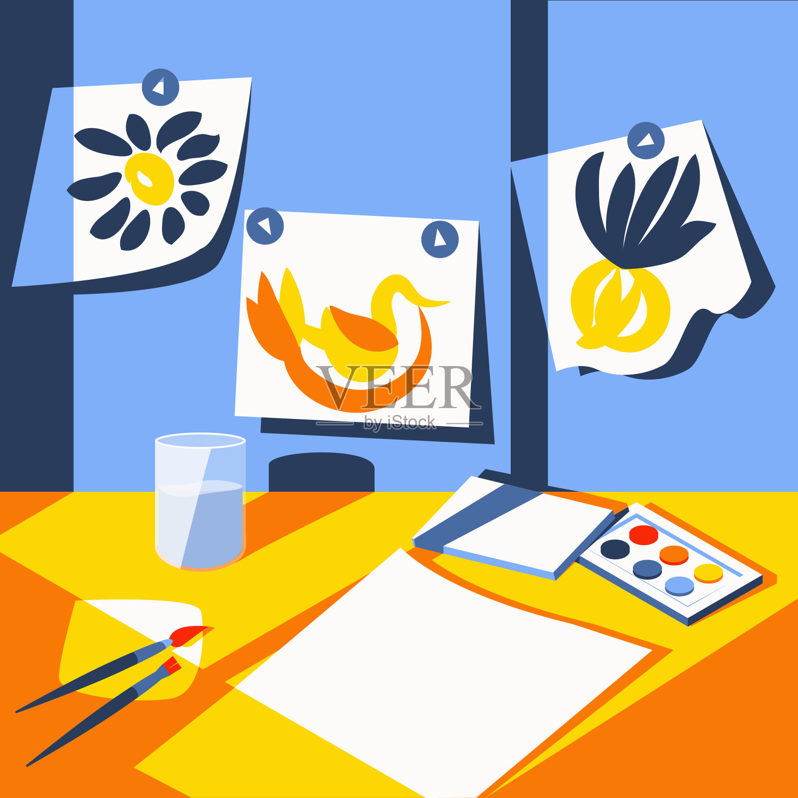 从窗户射进来的光线与颜料和一张纸一起落在桌子上插画图片素材