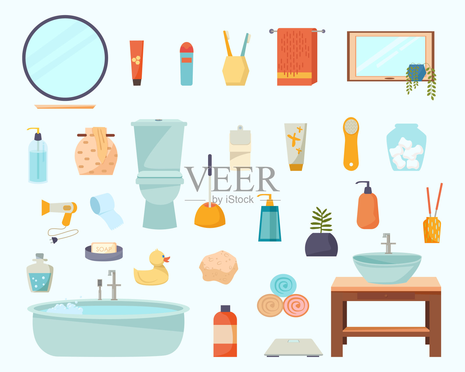 浴室的元素集。矢量卡通浴室室内家具及配件插画图片素材