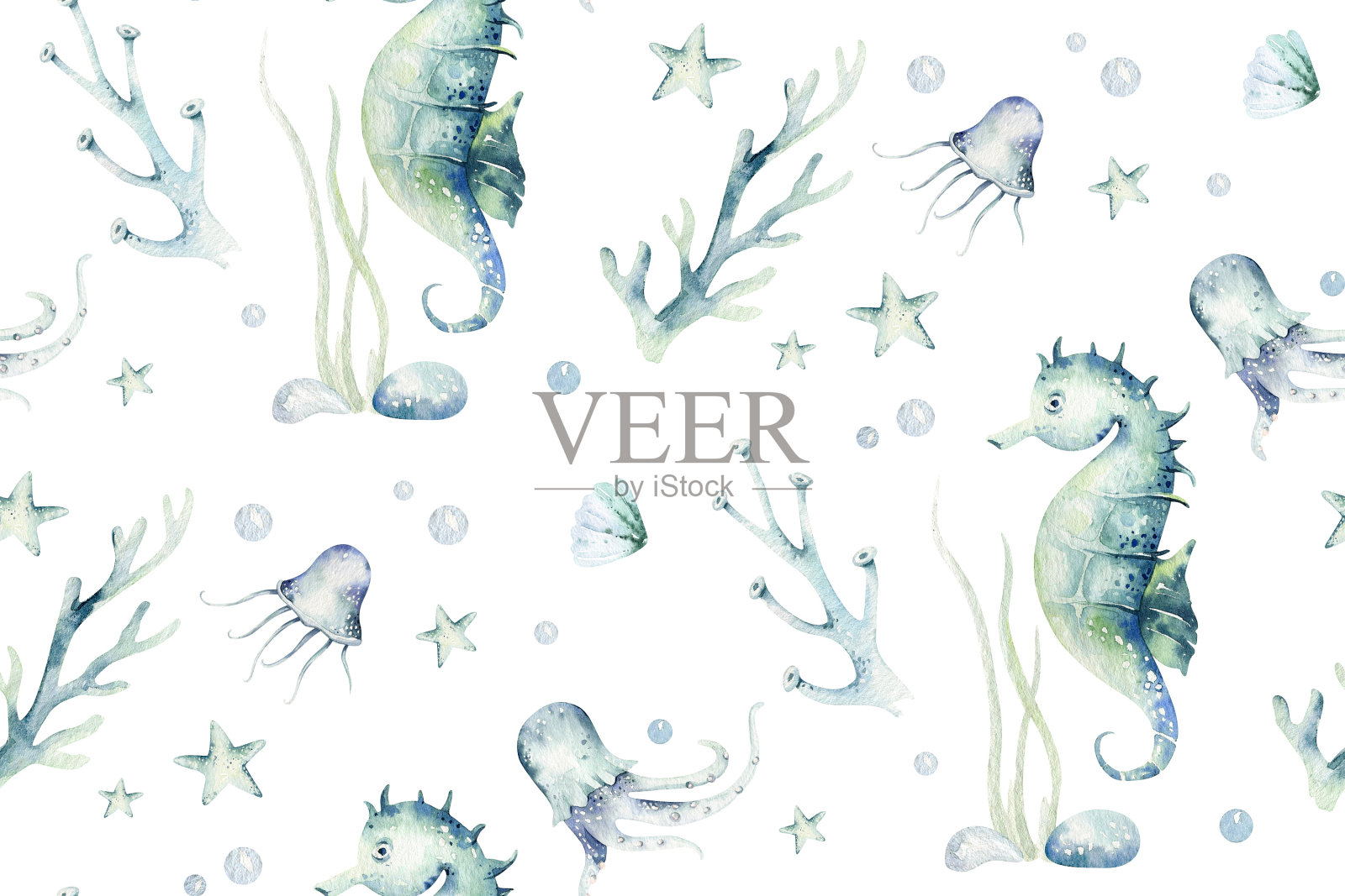 海洋动物蓝色水彩海洋无缝图案鱼，海龟，鲸鱼和珊瑚。壳牌水族馆背景。航海海星海洋插图插画图片素材