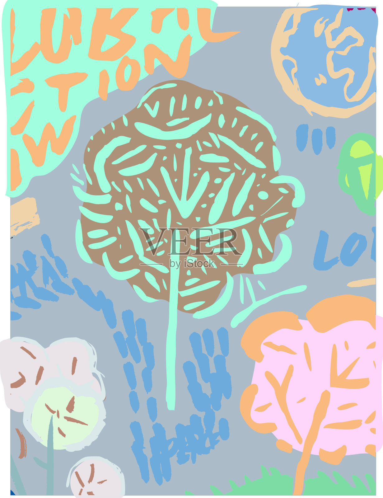 环保议题零废物生态流行艺术插画。海报、艺术印刷品、贺卡。独特的可持续性概念装饰。棉花花树行星地球吻。波普艺术丝网印刷美学。苏打汽水，粉末状的哑巴糖色。白色框架插画图片素材