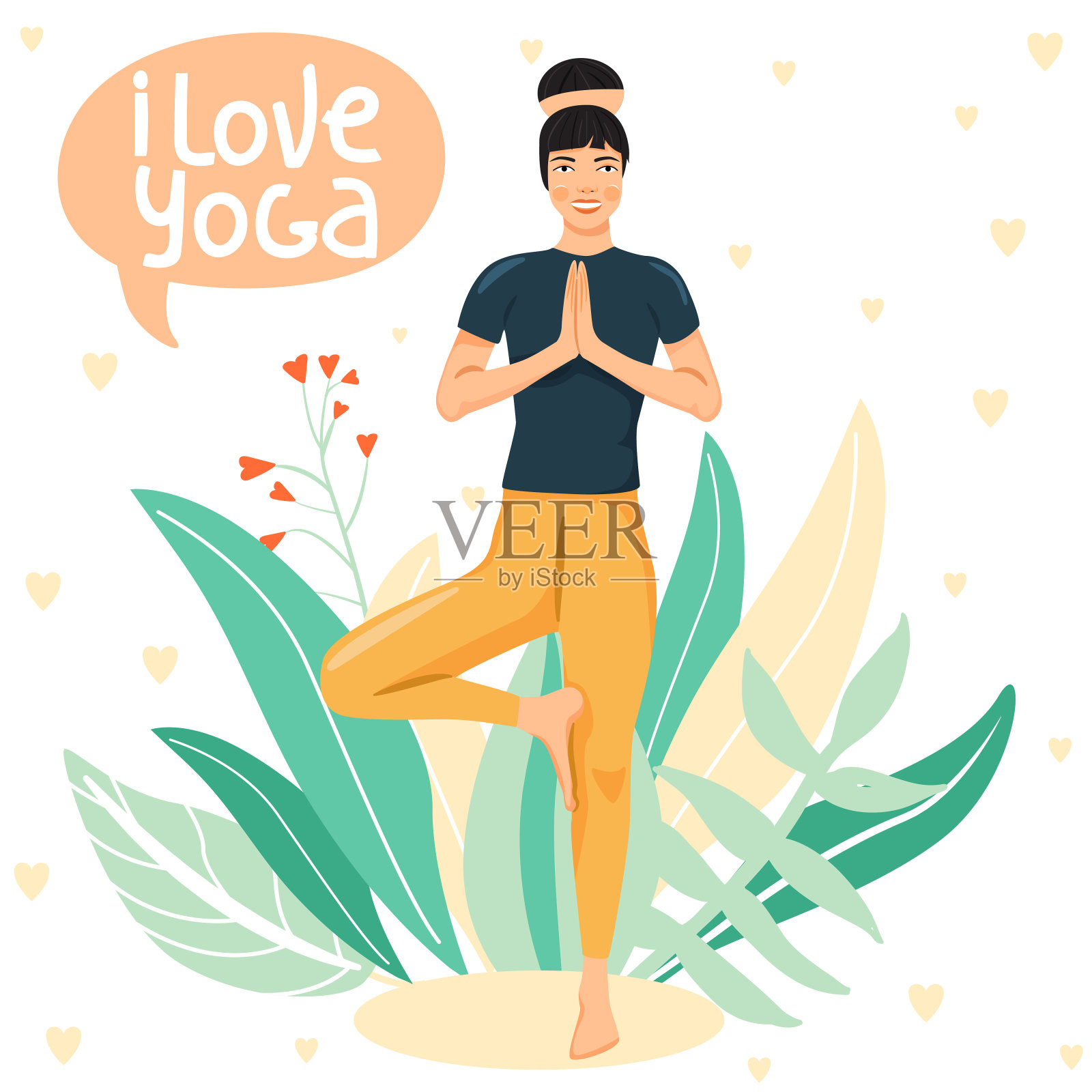 迷人的年轻女子练习瑜伽。可爱的女孩做树瑜伽姿势。时尚的排版口号设计“我爱瑜伽”标志。插画图片素材