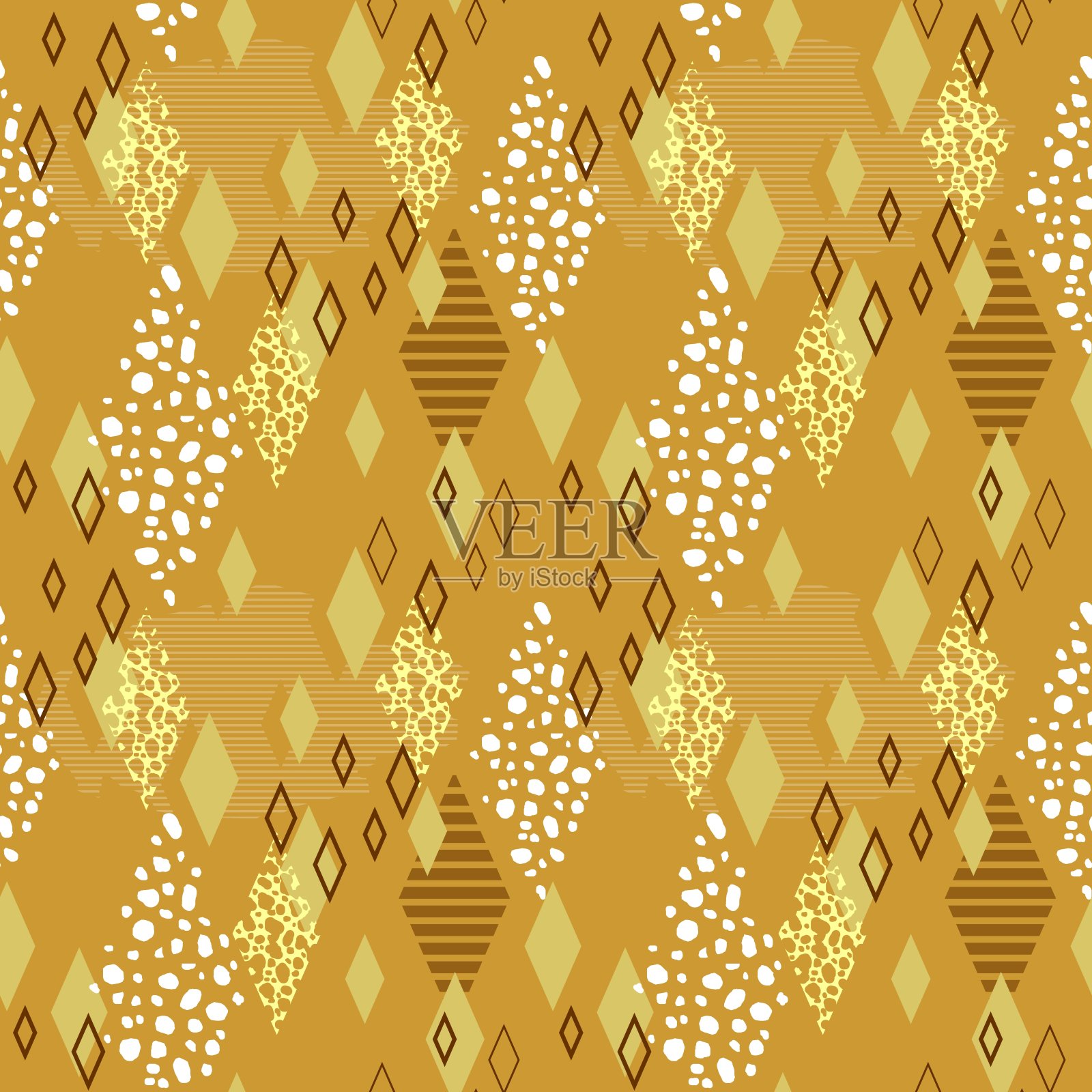 各种纹理菱形矢量无缝几何图案金色背景上的金色菱形;适用于织物、纺织品、包装纸、墙纸、背景、地毯、衣服等印刷。插画图片素材