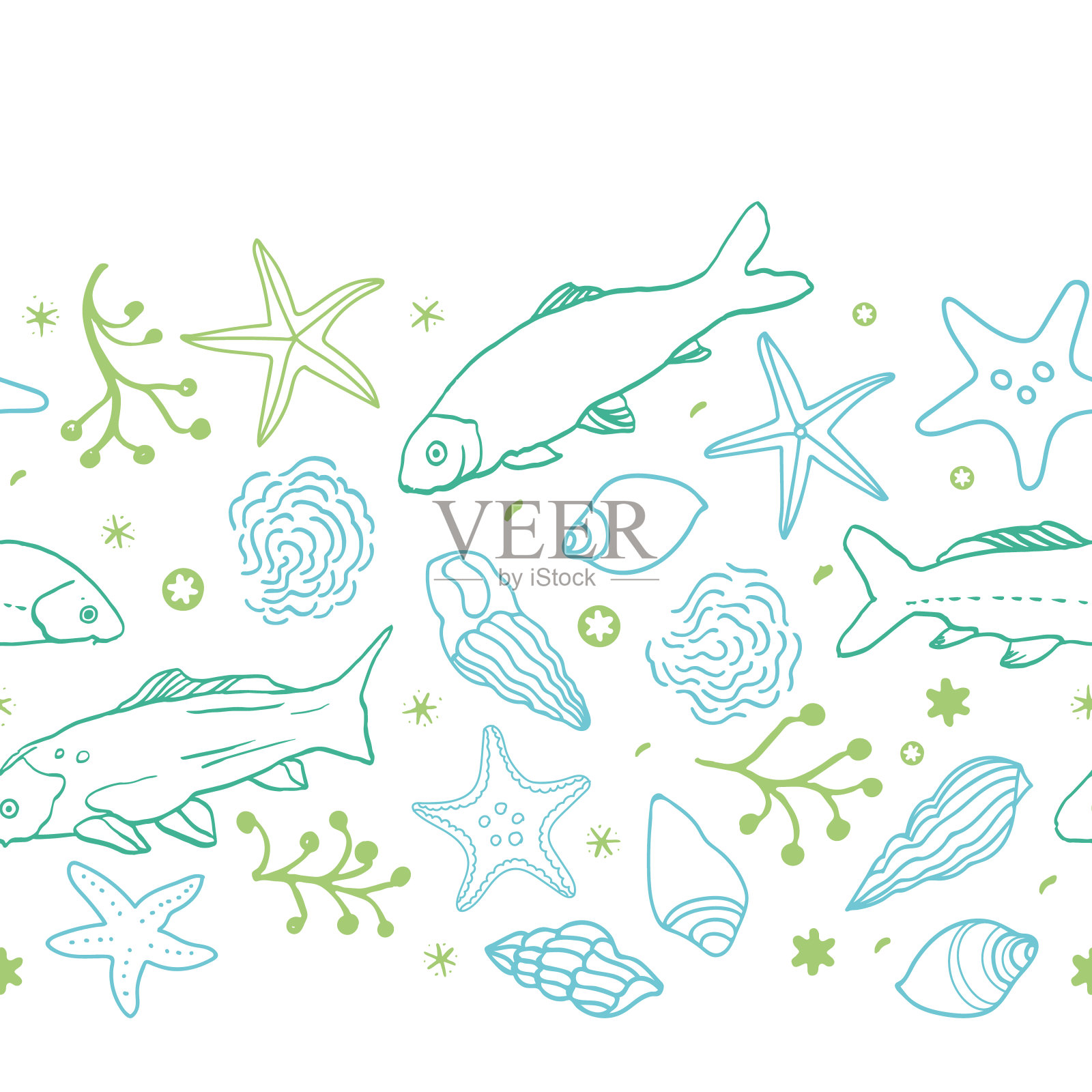 海洋生物线艺术图案与海洋生物。插画图片素材