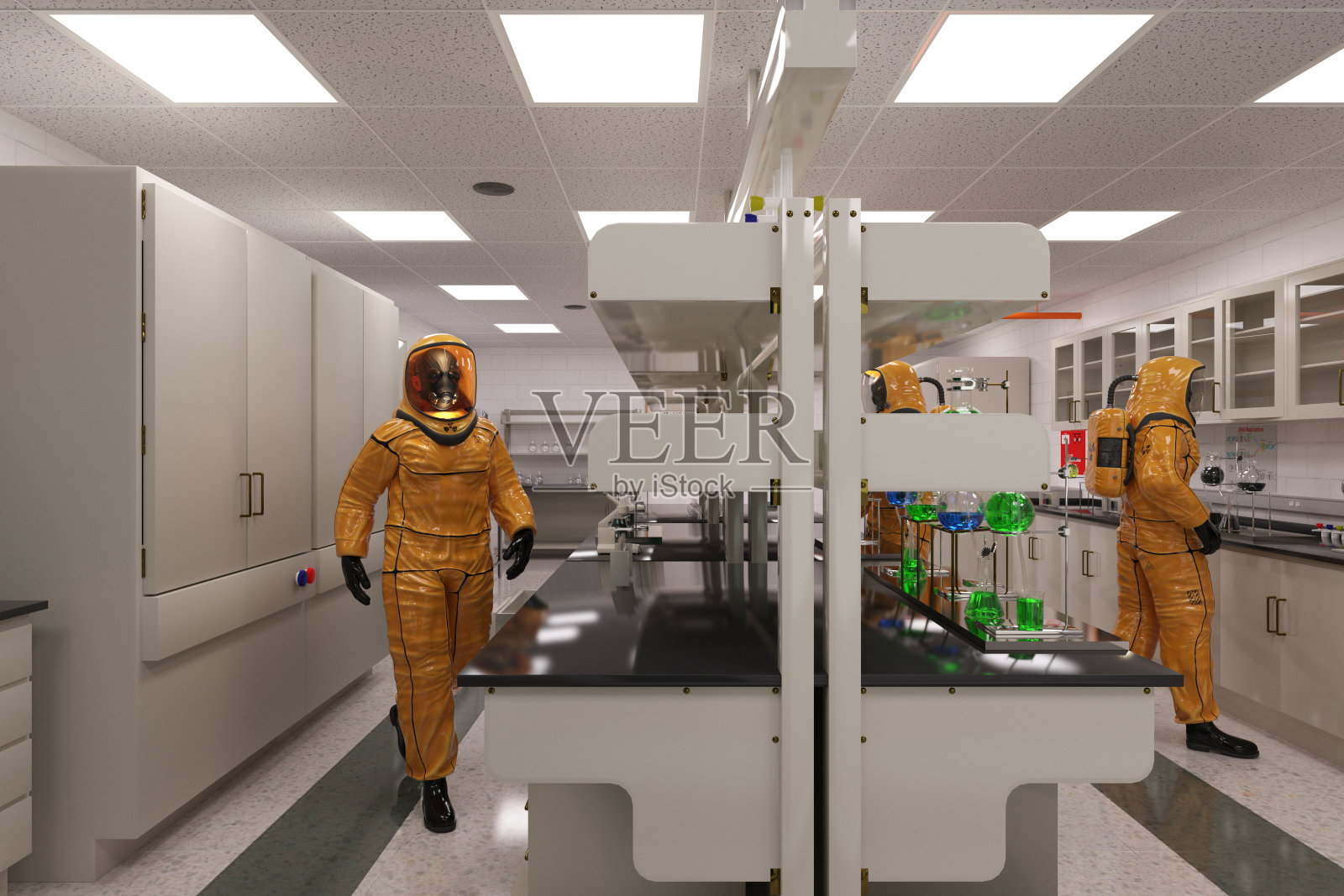 一个穿着生化防护服的人在一个生物实验室的3d插图中工作照片摄影图片