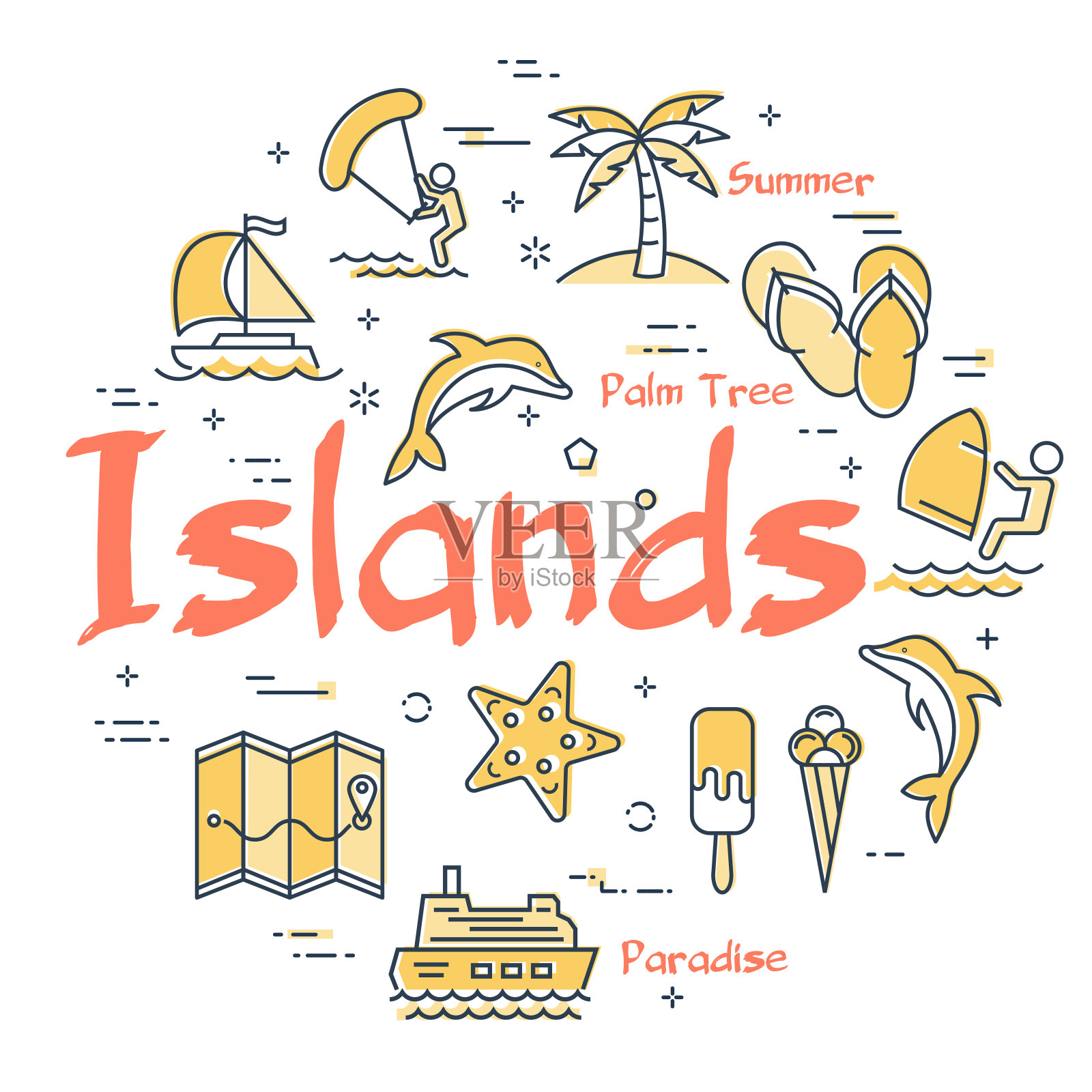 夏季岛屿主题的彩色图标插画图片素材