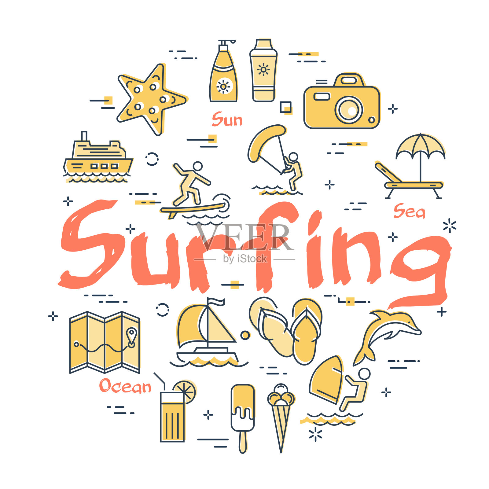 多彩的图标在夏季冲浪主题插画图片素材