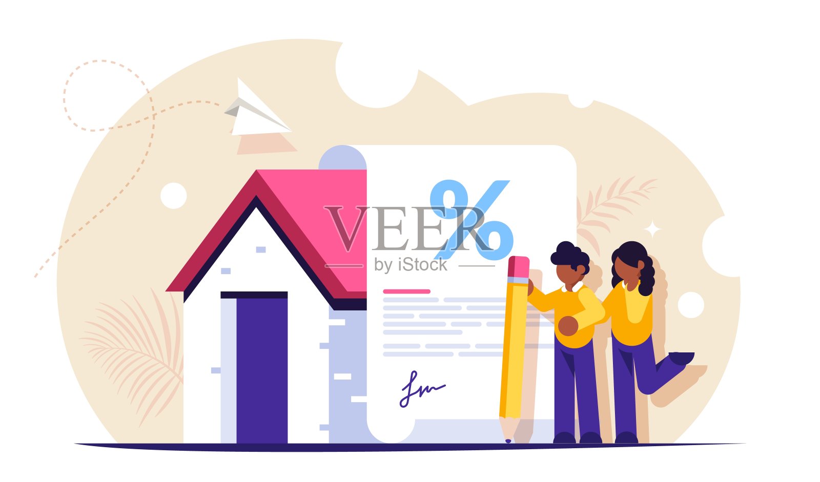 按揭贷款形式概念。年轻的家庭签署抵押文件来购买新房。从银行获得的优惠利息。向量isoalted插图。插画图片素材