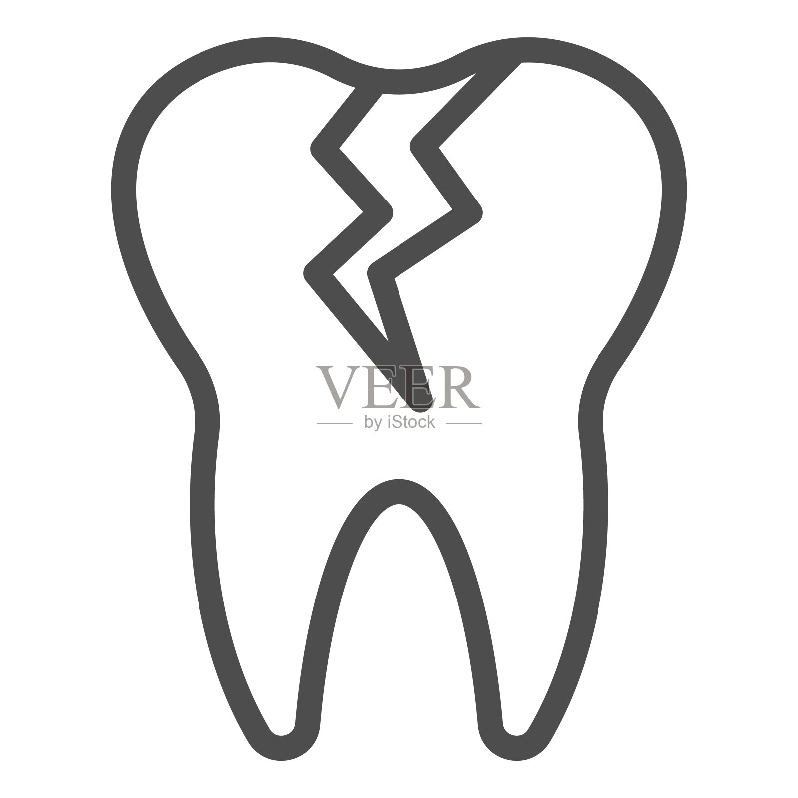 有裂纹的齿线图标。龋齿感染阻生，牙齿问题符号，白色背景上的轮廓样式象形图。牙科标志的移动概念或网页设计。矢量图形。插画图片素材