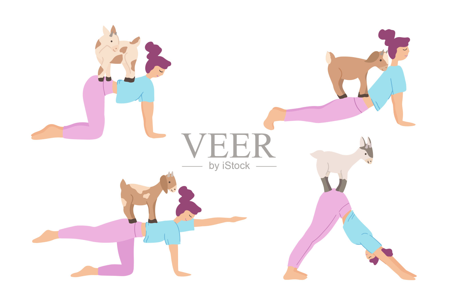 一组年轻女子在练习山羊瑜伽。可爱的女孩角色与动物表演瑜伽。矢量插图孤立在白色背景。热身、伸展。健康的生活方式的概念。设计元素图片