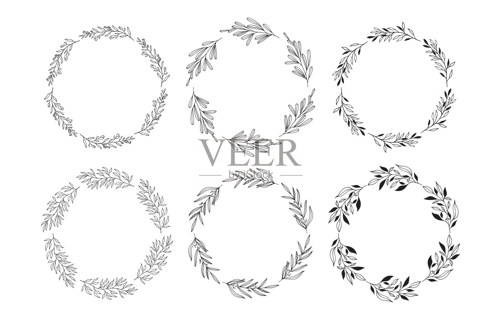 手绘花枝和香草框架集。婚礼花圈请柬。矢量孤立的乡村背景。插画图片素材