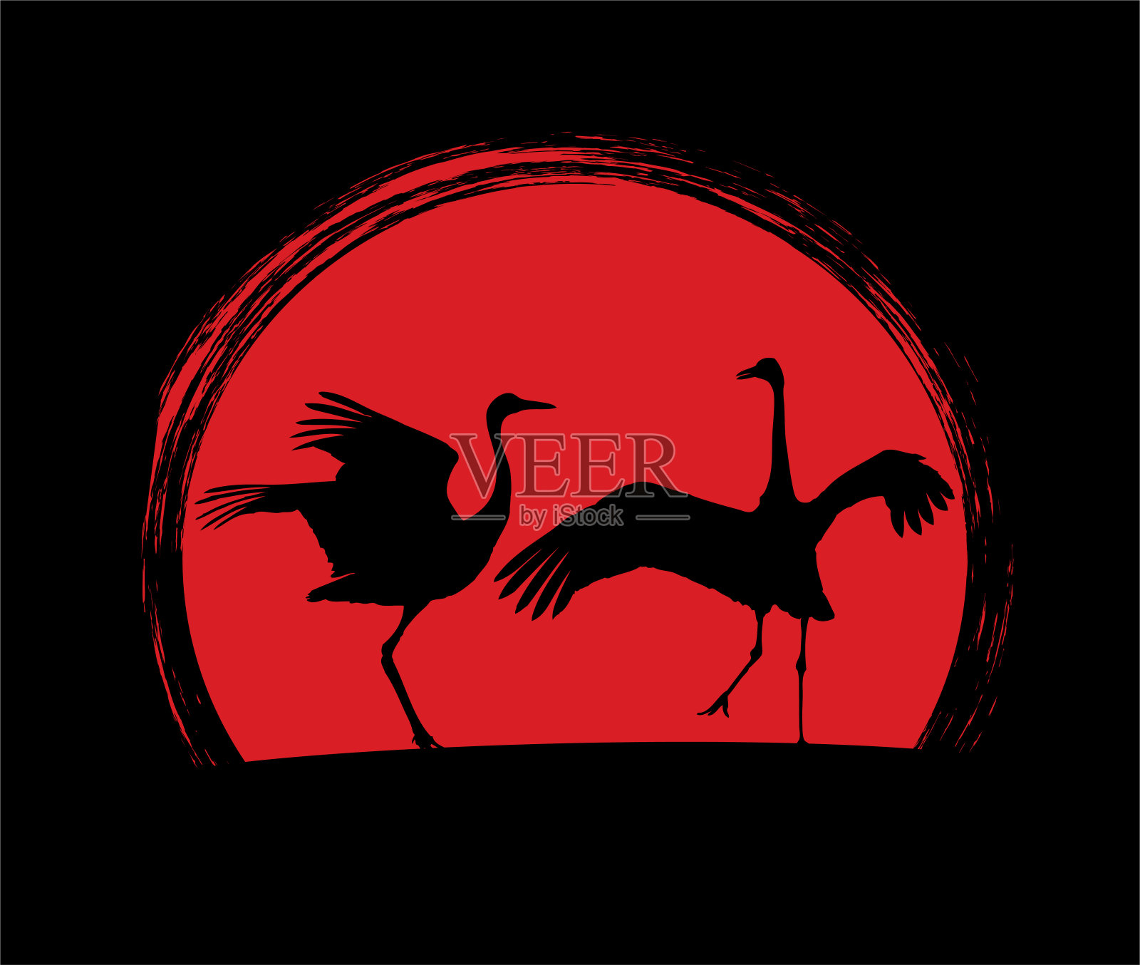 跳舞的日本鹤。落日背景上的剪影。插画图片素材