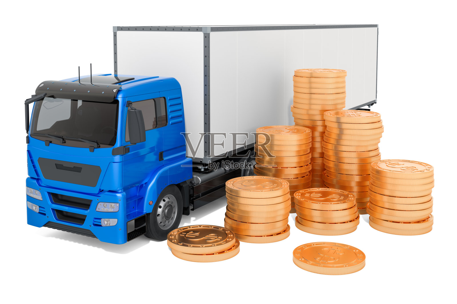 装有金币的卡车。商业货运服务理念，白色背景上的3D渲染隔离照片摄影图片