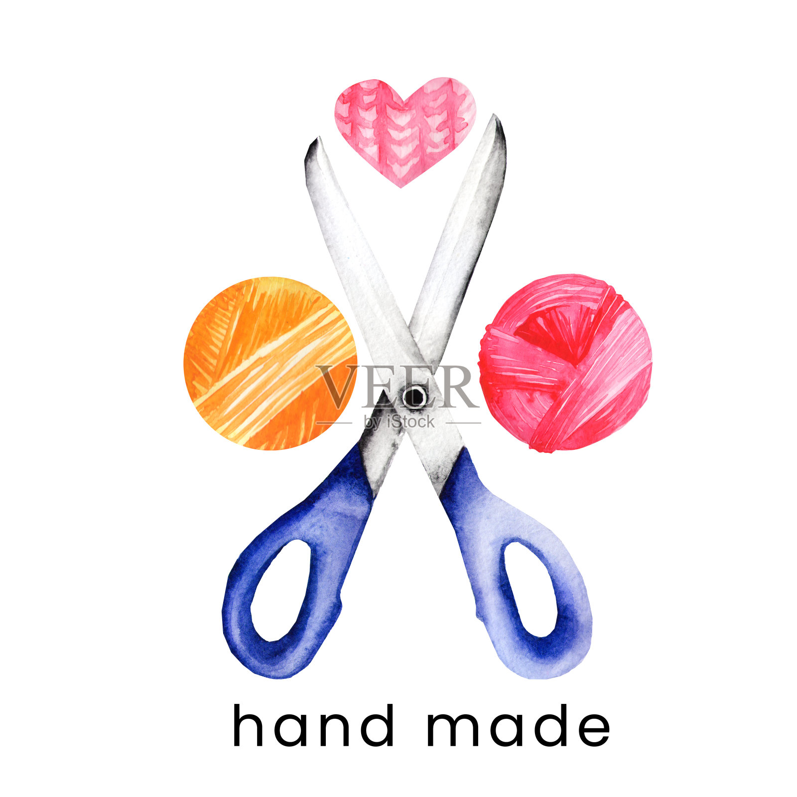 彩色孤立手工编织标志与针织服装针织店。水彩插图。您的手工工艺标志卡、横幅、海报设计理念插画图片素材